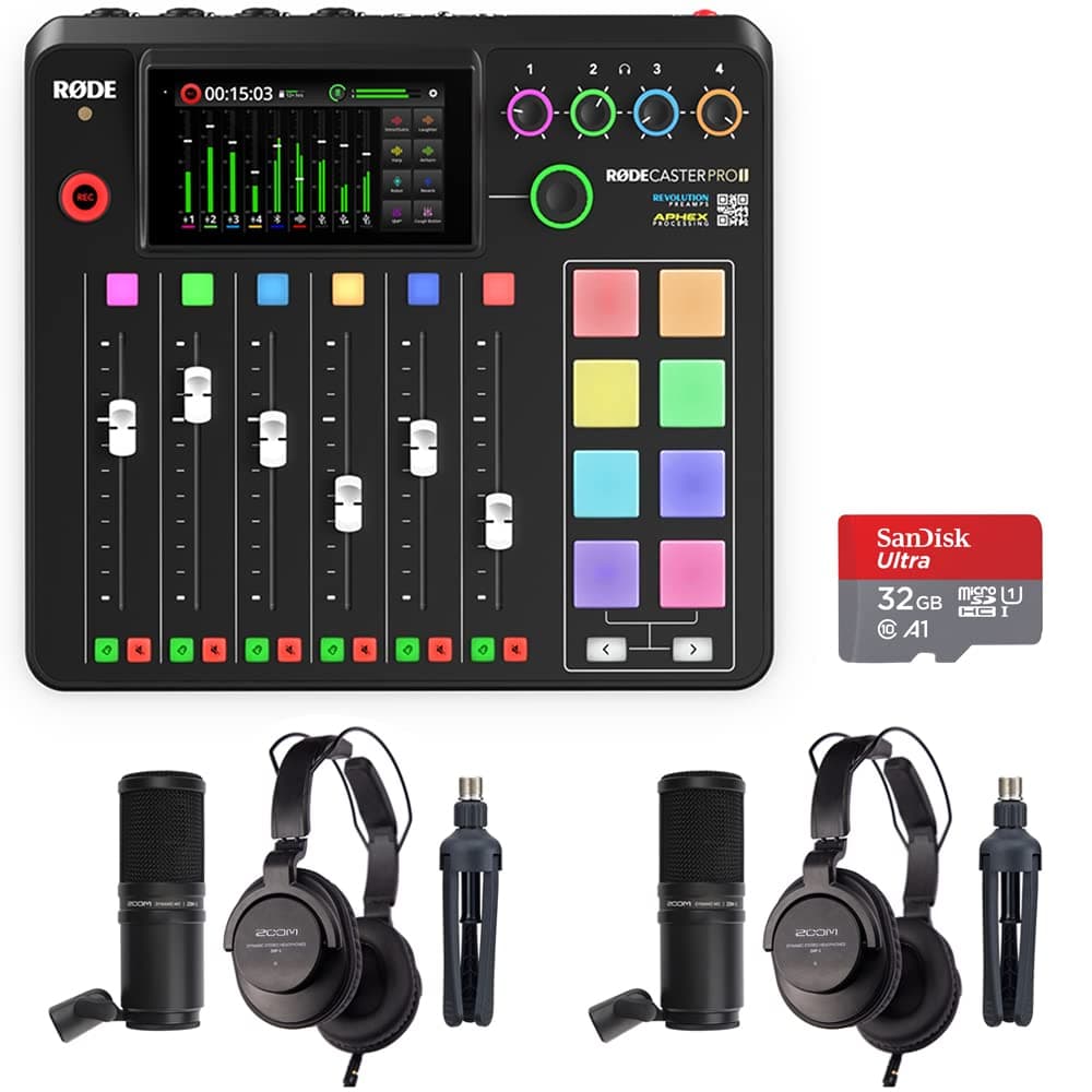 Kellards RCPII+ZDM-1PMP+SDSQUA4-032G-AN6IA Estudio de Producción de Audio Integrado RODECaster Pro II Bundle con 2 Micrófonos Podcast Zoom ZDM-1 y Tarjeta microSDHC 32GB