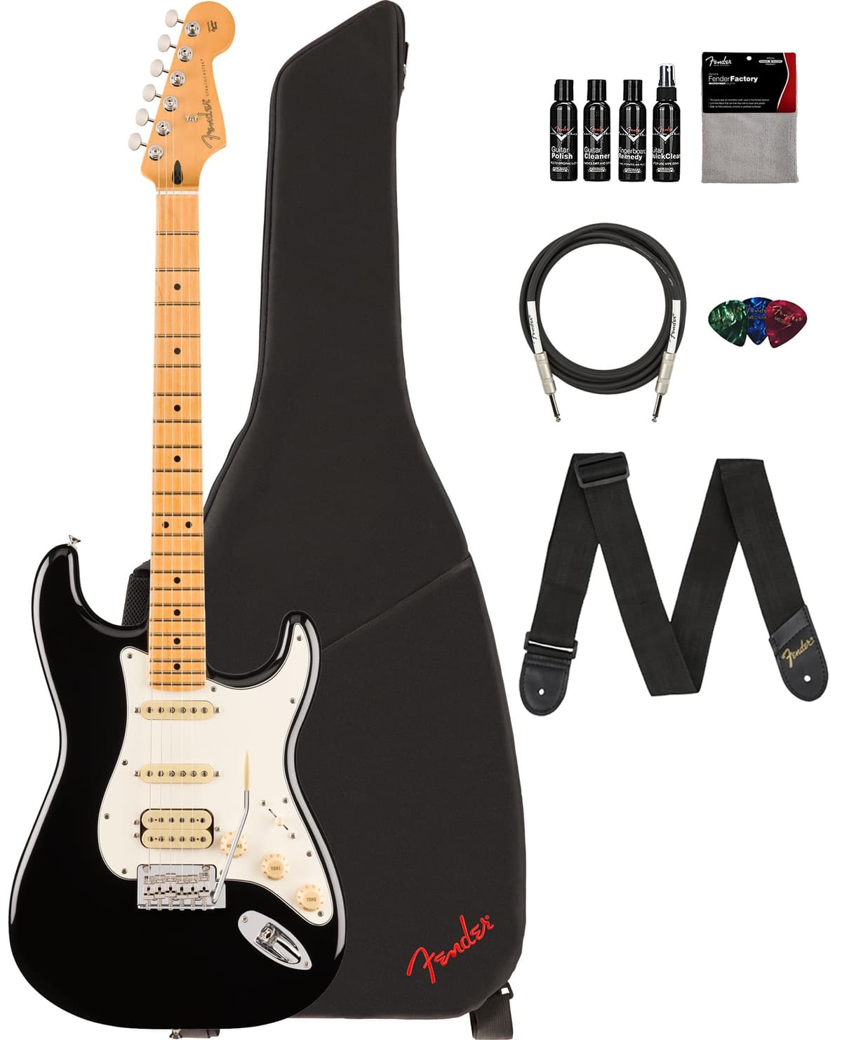 Fender Player II Stratocaster HSS - Guitarra Eléctrica Negra, Bundle con Funda, Correa, Cable, Pack de 3 Uñetas y Kit de Limpieza 140542506