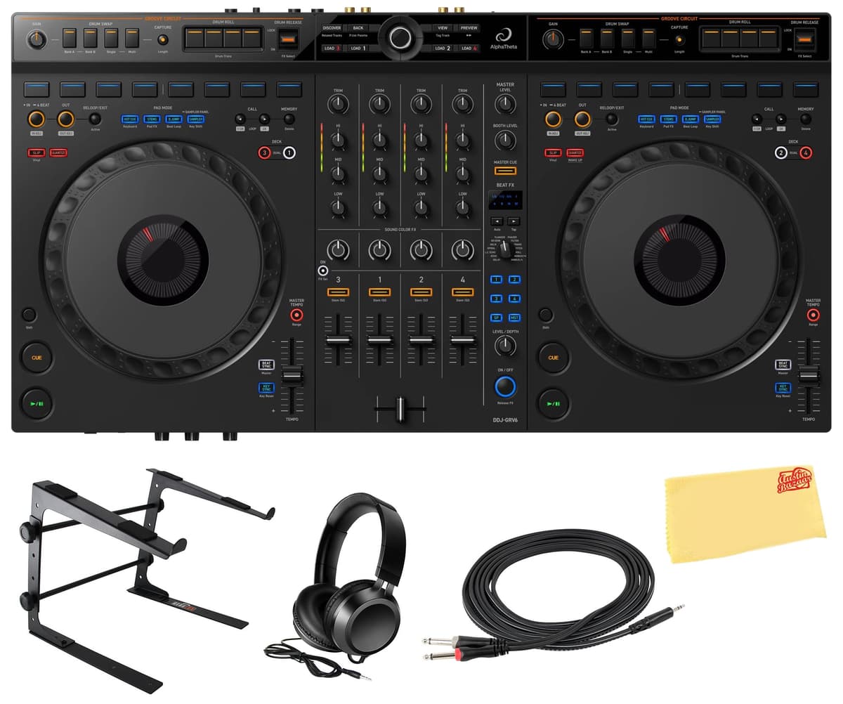 AlphaTheta DDJ-GRV6 Controlador DJ de 4 Canales Bundle con Soporte para Laptop, Audífonos, Cable TRS a Doble TS Estéreo y Paño de Pulido Austin Bazaar