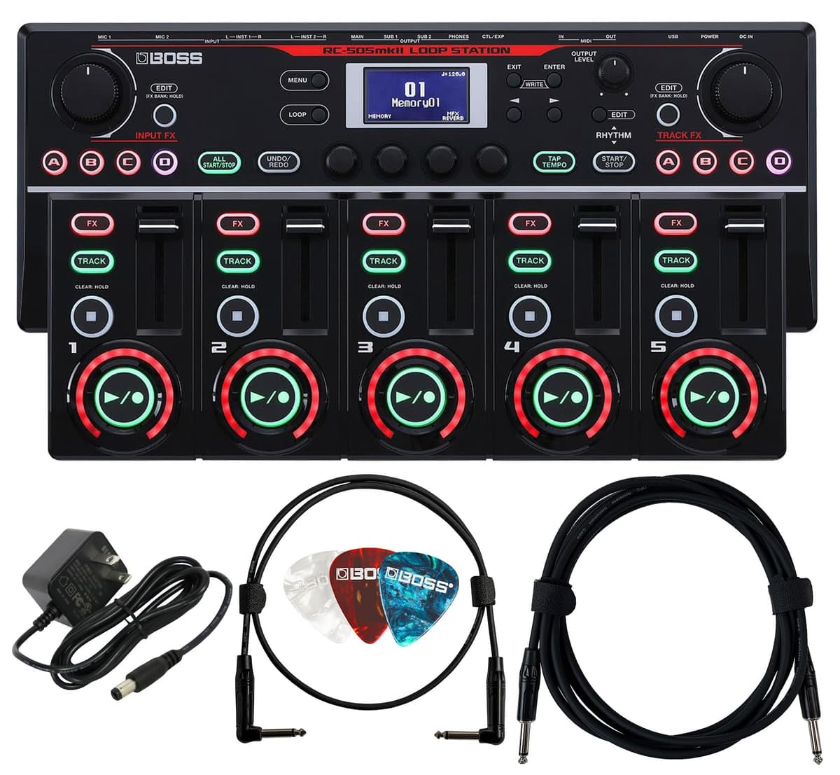 BOSS RC-505 MkII Loop Station - Bundle con fuente de poder Gearlux, cable de instrumento, cable patch y púas