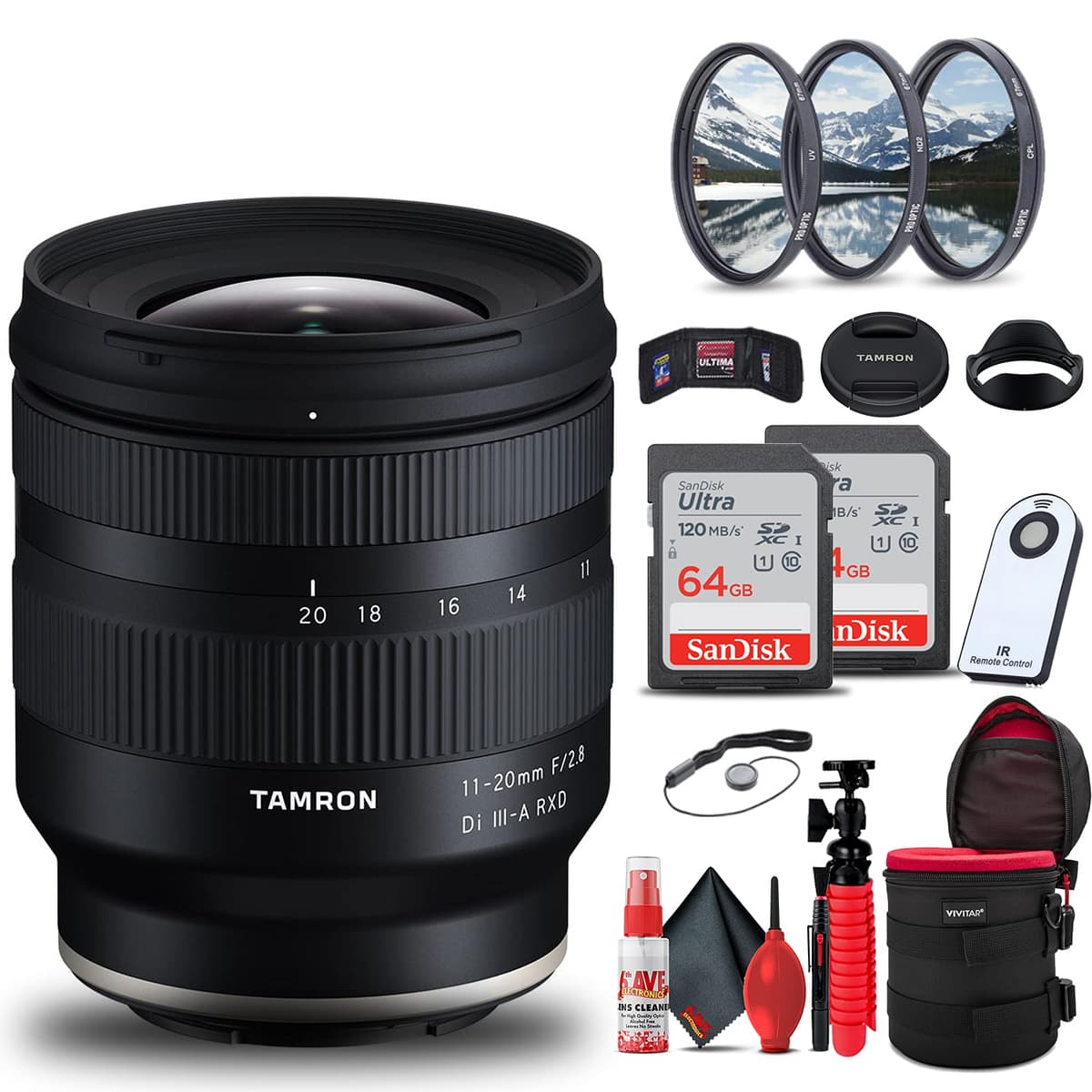 Tamron 11-20mm f/2.8 Di III-A RXD para Sony E (AFB060S-700) Lente Gran Angular | Bundle Modelo Internacional: 2x Tarjeta SD 64GB + Estuche + Control Remoto Inalámbrico + Trípode Flexible + Filtros 3 Piezas + Kit de Limpieza AFB060S-700_AG1_2
