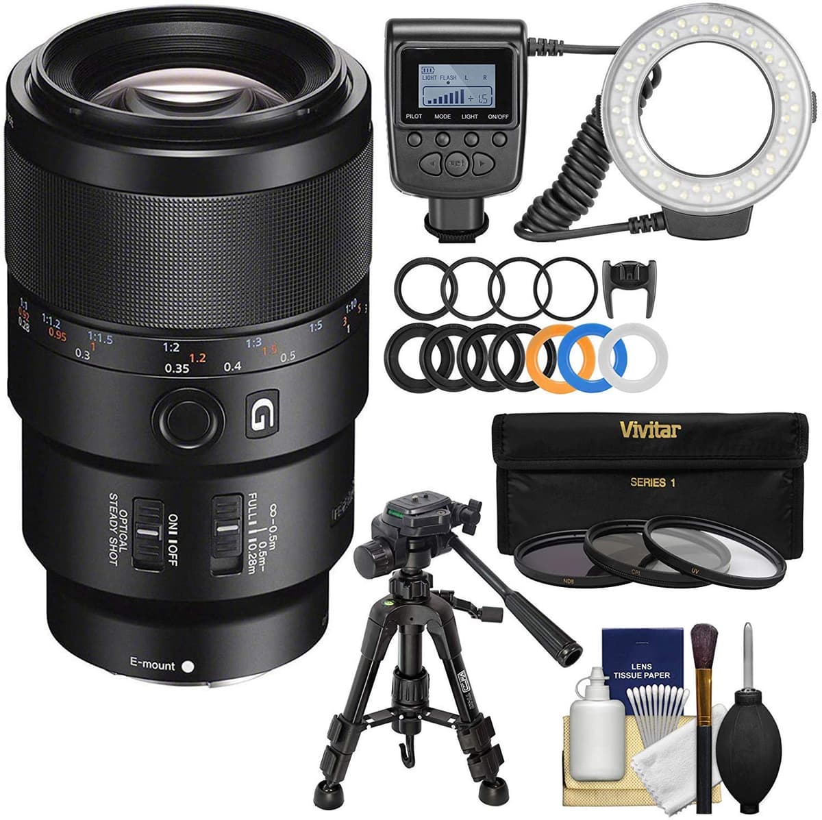 Sony Alpha E-Mount FE 90mm f/2.8 Macro G OSS SEL90M28G - Lente Macro, Estabilizado, Full-Frame - con Aro de Luz, Trípode Macro, Filtros UV/CPL/ND8 y Kit de Limpieza K-87561-02
