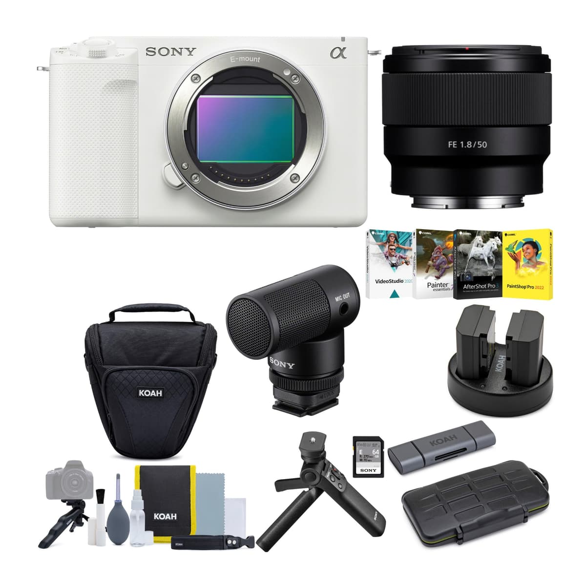 Sony Alpha ZV-E1 Cámara Mirrorless Full Frame para Vlog con Lente 50mm, Empuñadura para Vlogger y Micrófono Shotgun (ILCZVE1/W, Blanco) Kit (8 Piezas) Sony ZV-E1