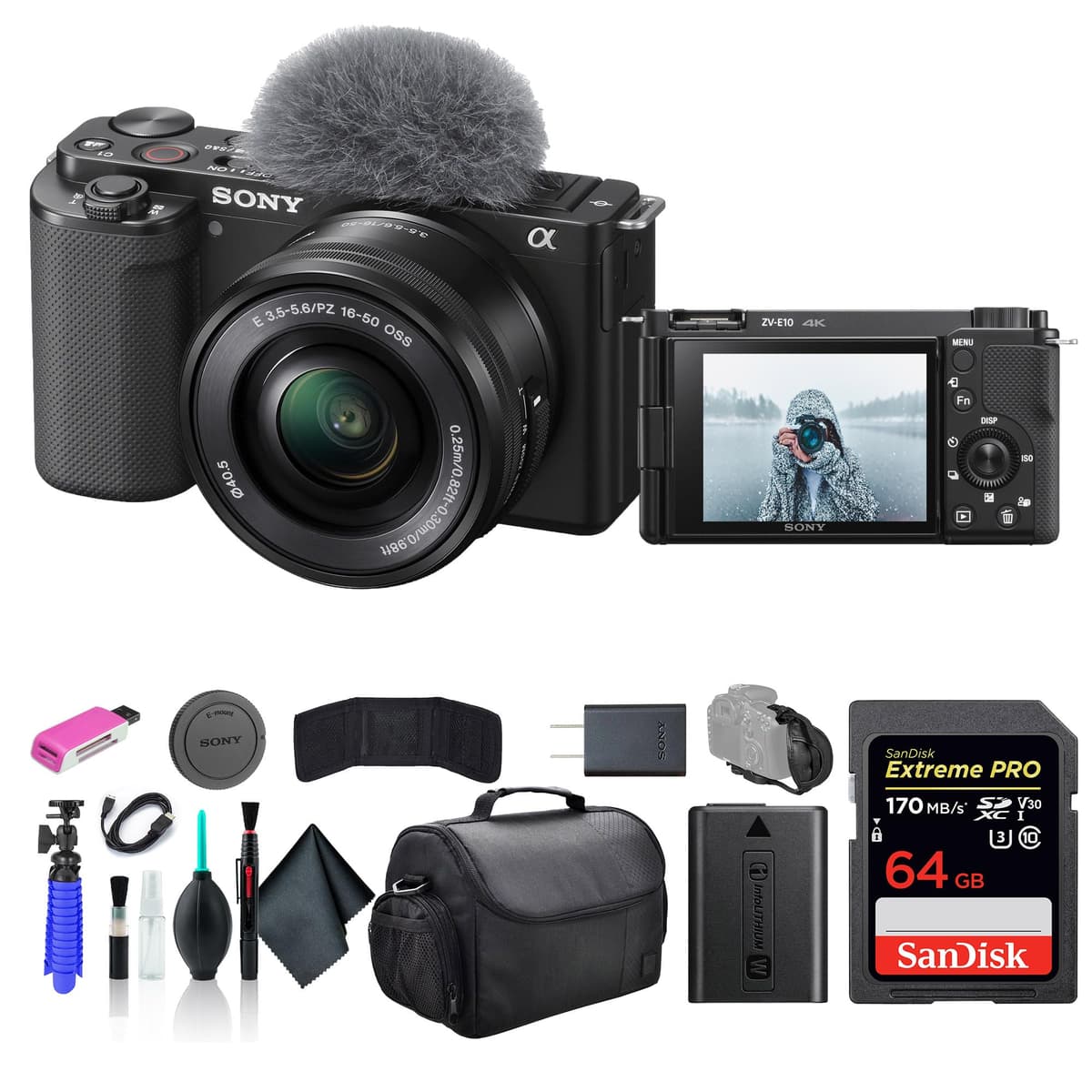 Sony ZV-E10 ILCZV-E10L/B Cámara Mirrorless con Lente 16-50mm Negro, Tarjeta de Memoria 64GB, Bolso, Lector de Tarjetas, Cable HDMI, Trípode Flexible, Correa de Mano, Billetera para Tarjetas, Kit de Limpieza