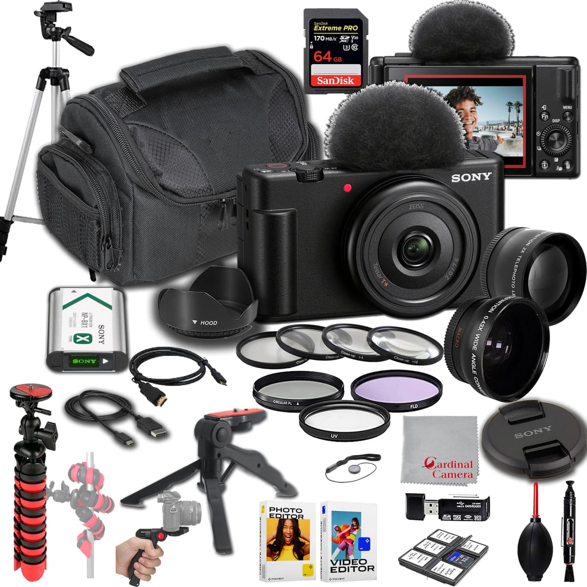 Sony ZV-1F Cámara Vlogger 20.1MP, Kit Deluxe: Memoria 64GB Extreme, Lente Gran Angular 0.43x y 2x Tele, Trípode, Estuche, Filtros, Parasol, Grip, Software de Edición, Compacta, Negra