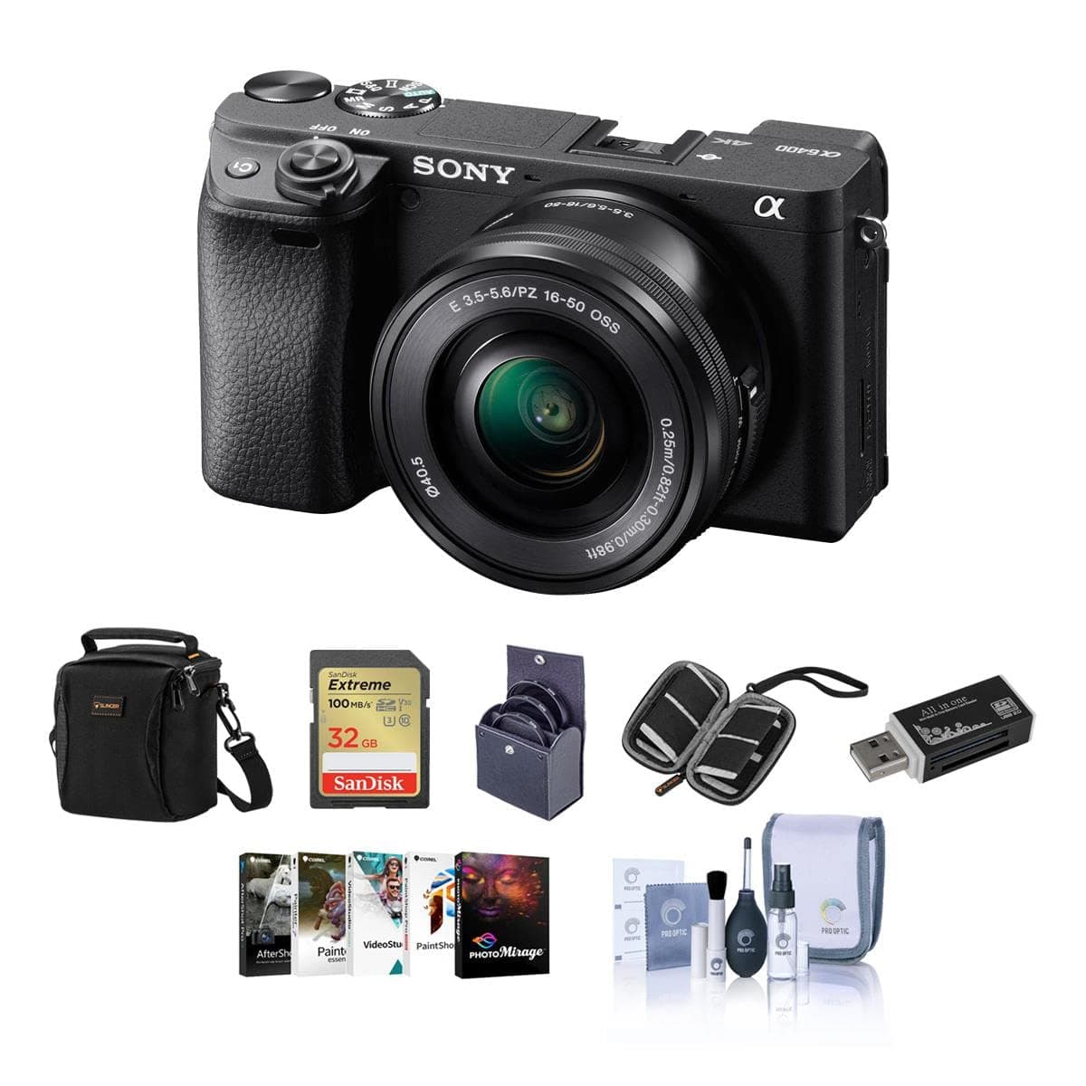 Sony Alpha a6400 Cámara Mirrorless con Lente 16-50mm - Kit: Bolsa, Tarjeta SD 32GB, Kit de Limpieza, Lector de Tarjetas, Estuche para SD, Software Corel para PC, Filtros 40.5mm