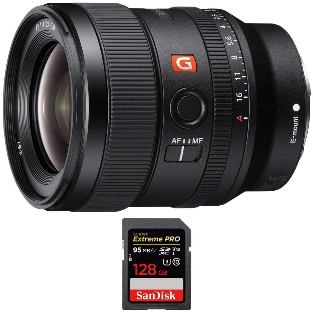 Sony G Master SEL24F14GM FE 24mm F1.4 Lente Gran Angular Full-Frame E-Mount para Alpha + Tarjeta de Memoria Sandisk Extreme PRO SDXC 128GB UHS-I E10SNSEL24F14GM