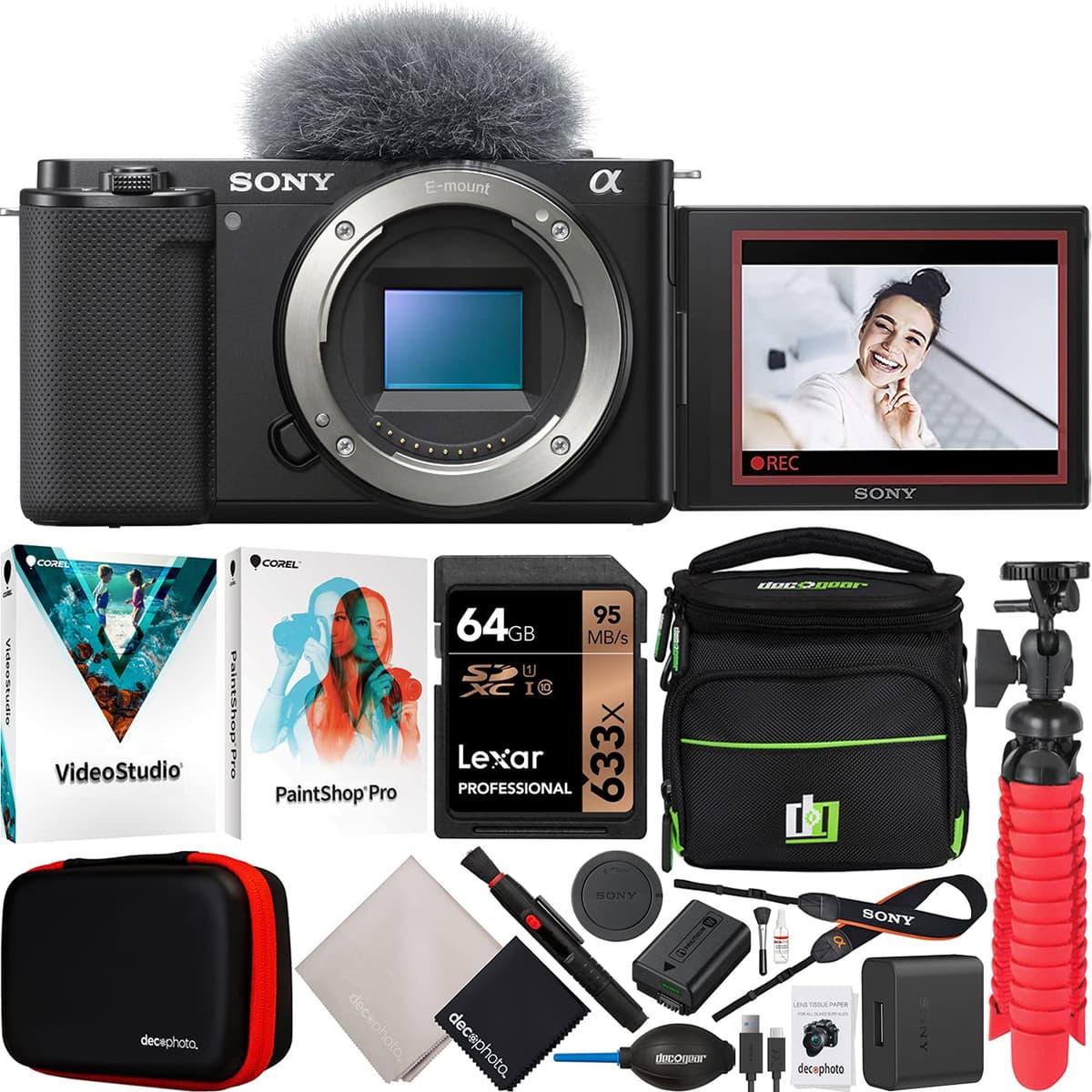 Sony Alpha ZV-E10 Cámara Mirrorless APS-C de Lentes Intercambiables para Vlog, solo cuerpo ILCZV-E10/B Negro, bundle con estuche Deco Gear, software de foto y video, trípode compacto y kit de accesorios E4SNILCZVE10B