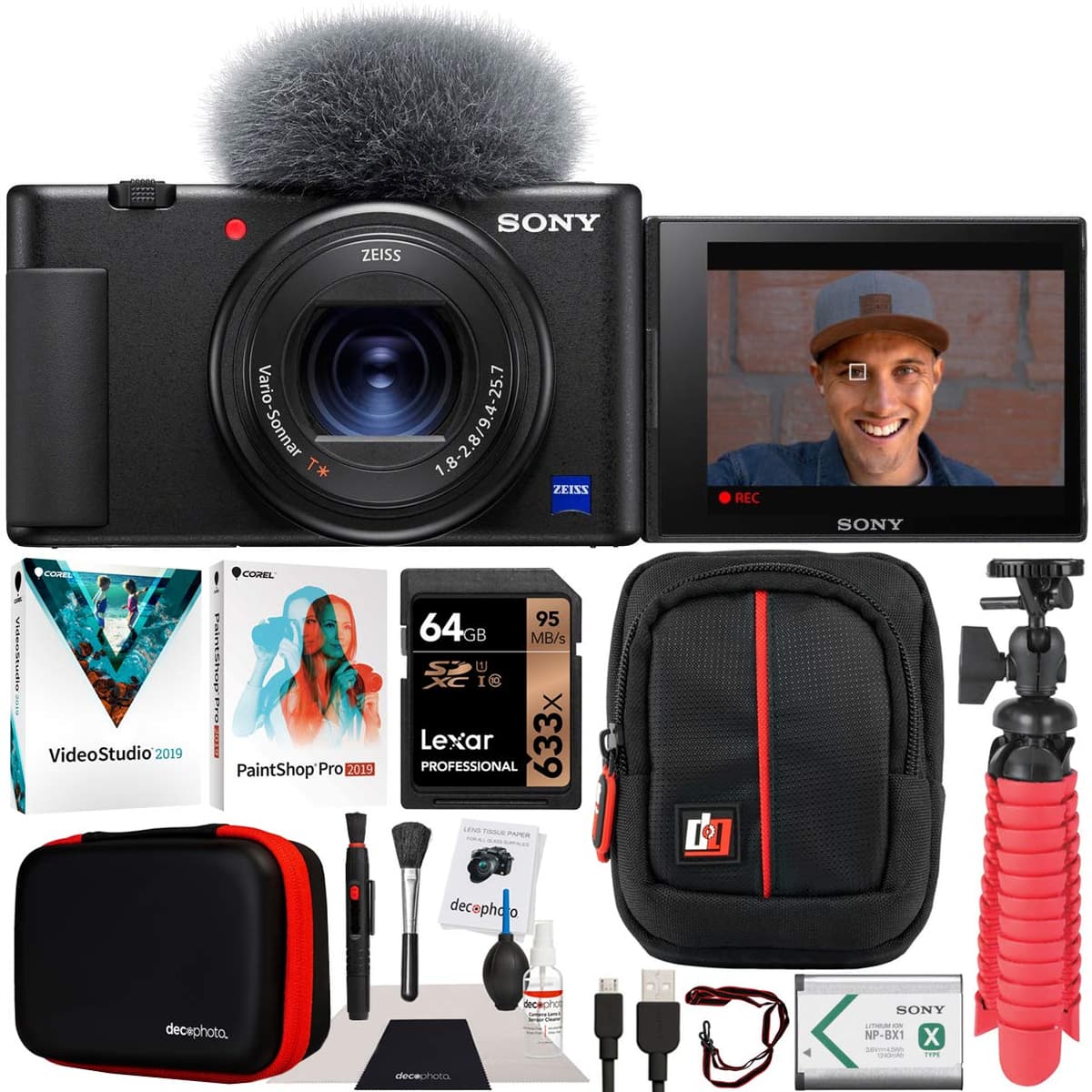 Sony ZV-1 Cámara Digital Compacta 4K para Vlogging y Creadores de Contenido DCZV1/B | Modelo Oficial Sony USA | Kit con Estuche Deco Gear + Software + Tarjeta 64GB + Trípode Compacto E1SNDCZV1B