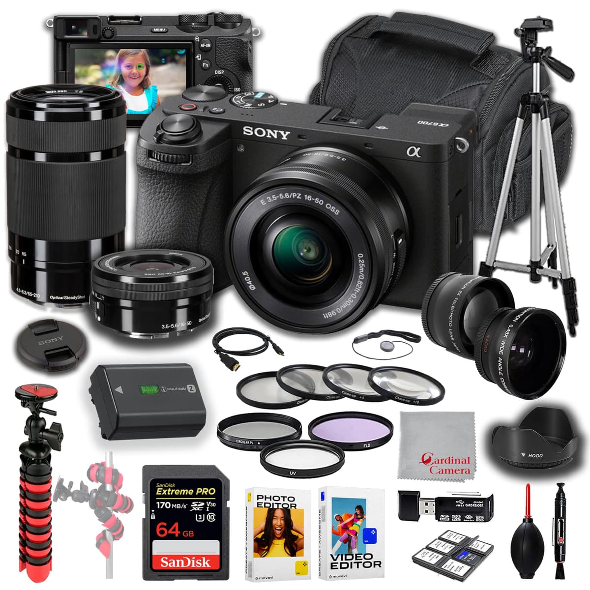 Sony Alpha a6700 Cámara Mirrorless kit con lentes 16-50mm y 55-210mm, 26MP, memoria 64GB Extreme, lentes gran angular y telefoto, software de edición, filtros y trípode bundle