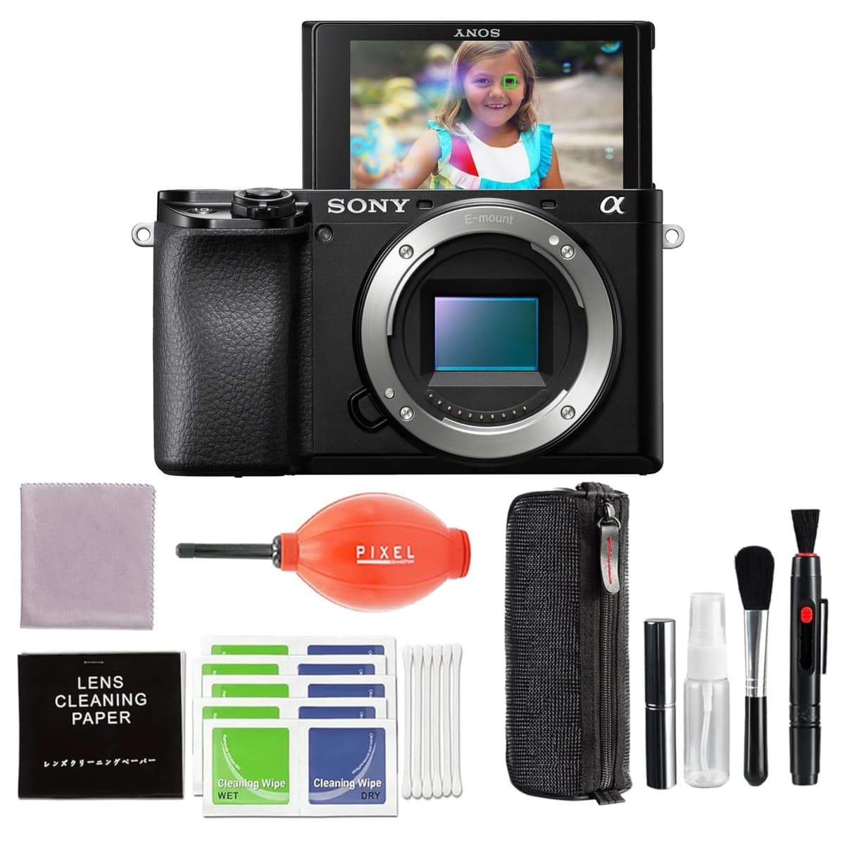 Sony Alpha a6100 ILCE6100/B Cámara Mirrorless, kit con accesorios avanzados Pixel, sin espejo 24.2MP, 4K, enfoque rápido, Wi-Fi/Bluetooth