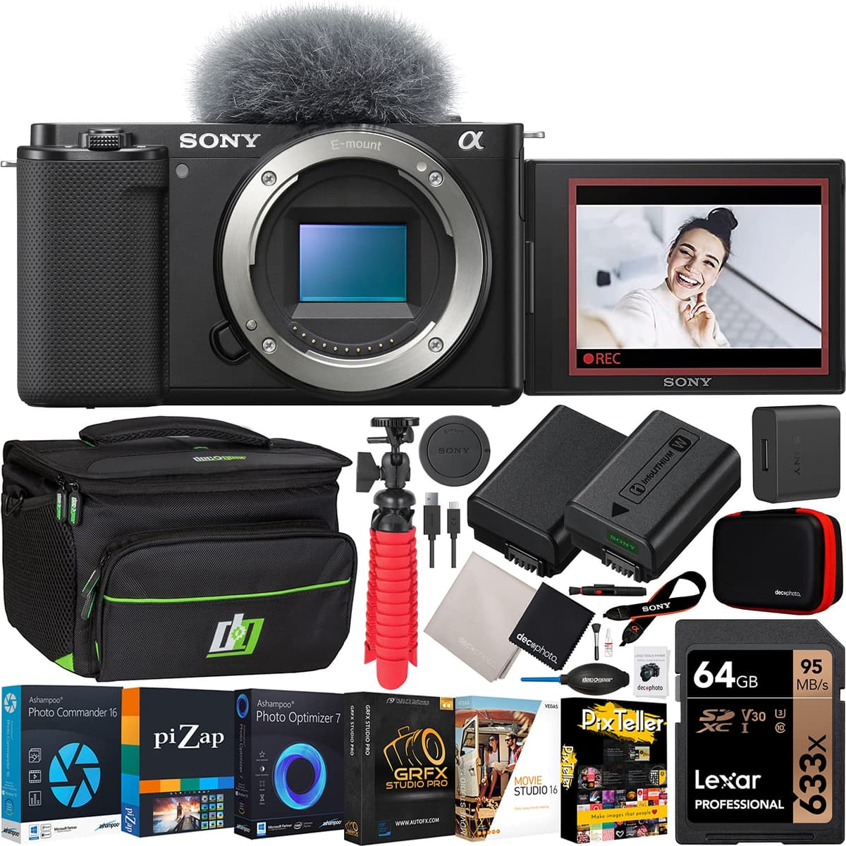 Sony Alpha ZV-E10 Cámara Mirrorless APS-C para Vlog (Solo Cuerpo, Negra) ILCZV-E10/B Bundle con Estuche Deco Gear + Batería Extra + Software de Foto/Video y Accesorios E1SNILCZVE10B
