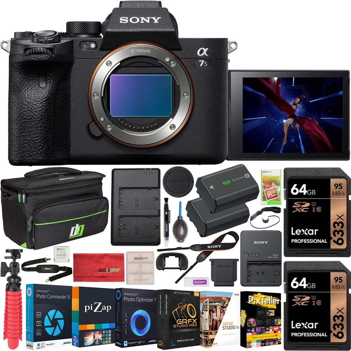Sony Alpha a7S III ILCE-7SM3/B Cámara Mirrorless Full-Frame - Cuerpo, Sensor 35mm, Doble Batería, Estuche Deco Gear, 2x Tarjeta 64GB (128GB), Kit de Accesorios E122SNILCE7SM3B
