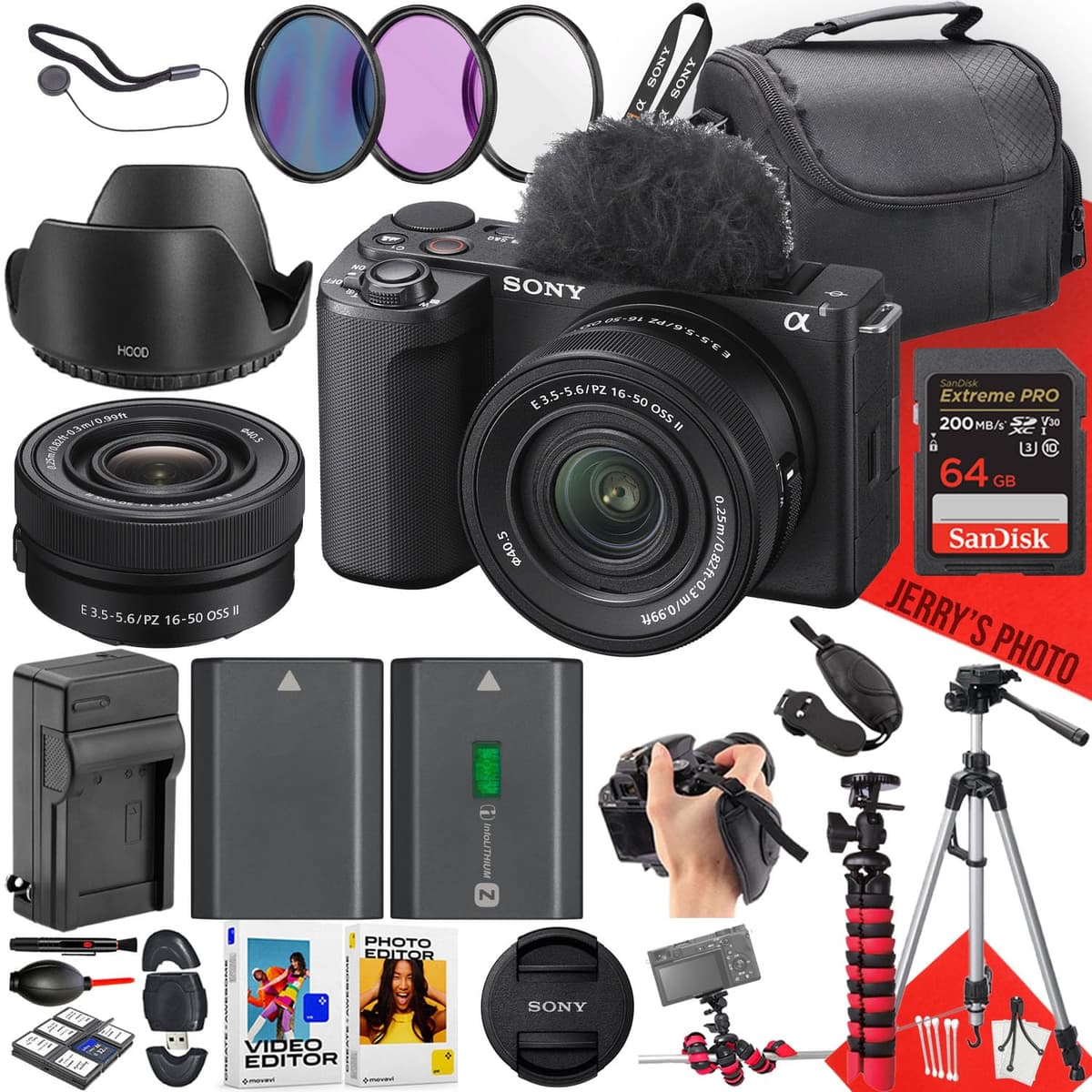 Sony ZV-E10 II Cámara Mirrorless con Lente 16-50mm, Kit 24 Piezas, Memoria 64GB, Trípode Araña, Estuche, Trípode, Lector de Tarjetas, Batería Extra y Más ZVE10M2B