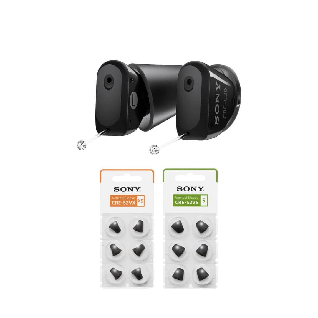 Sony CRE-C20 Audífonos Auditivos OTC Autoajustables Bundle con Manguitos Ventilados Sony CRES2VS (Pequeño, 3 Pares) y CRES2VX (Extra Pequeño, 3 Pares) (3 Piezas) CREC20_K1