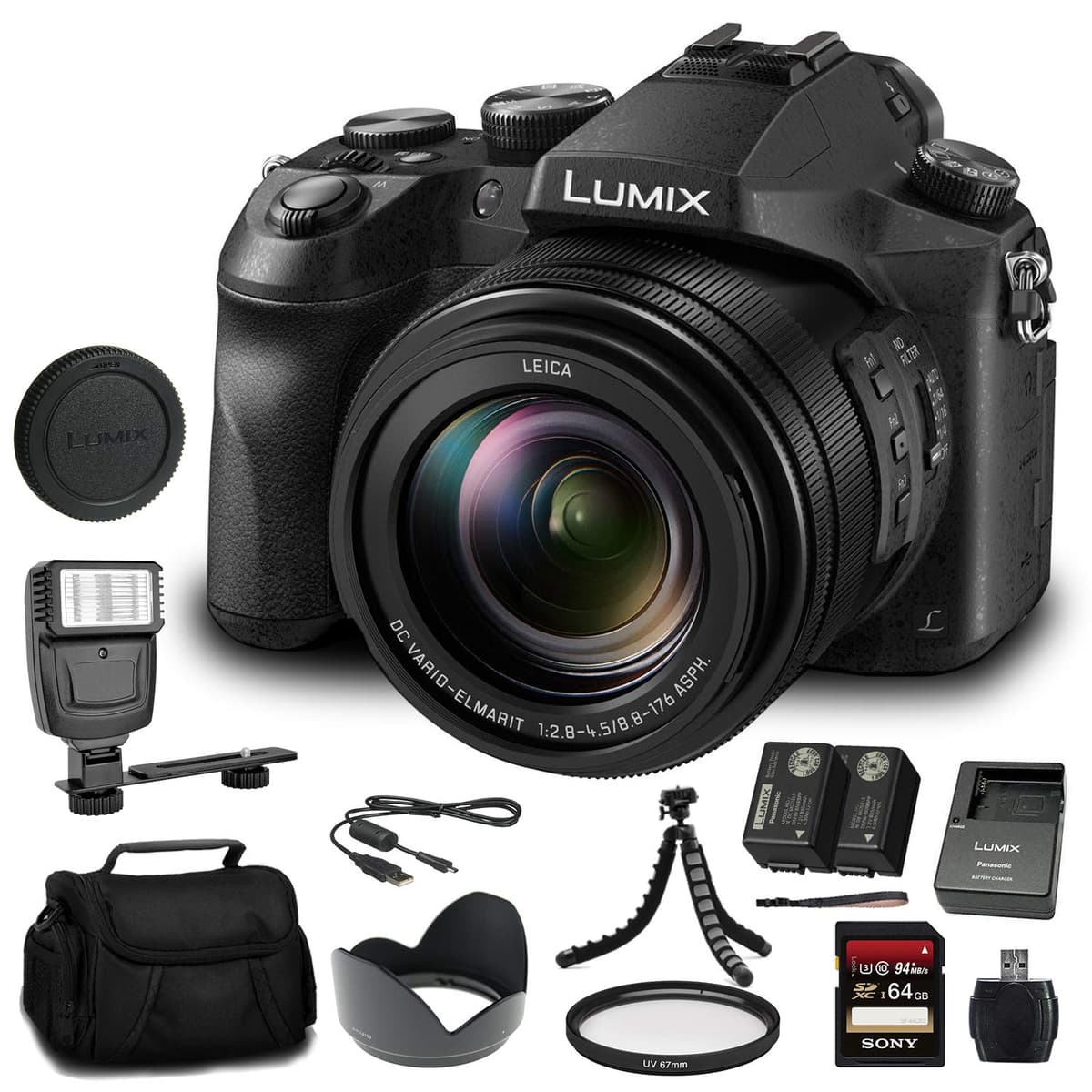 Panasonic Lumix DMC-FZ2500 Cámara Digital - Bundle con Tarjeta 64GB, Batería DMW-BLC12, Flash, Bolso, Trípode Flexible 12", Kit de Limpieza y más (DMC-FZ2500)