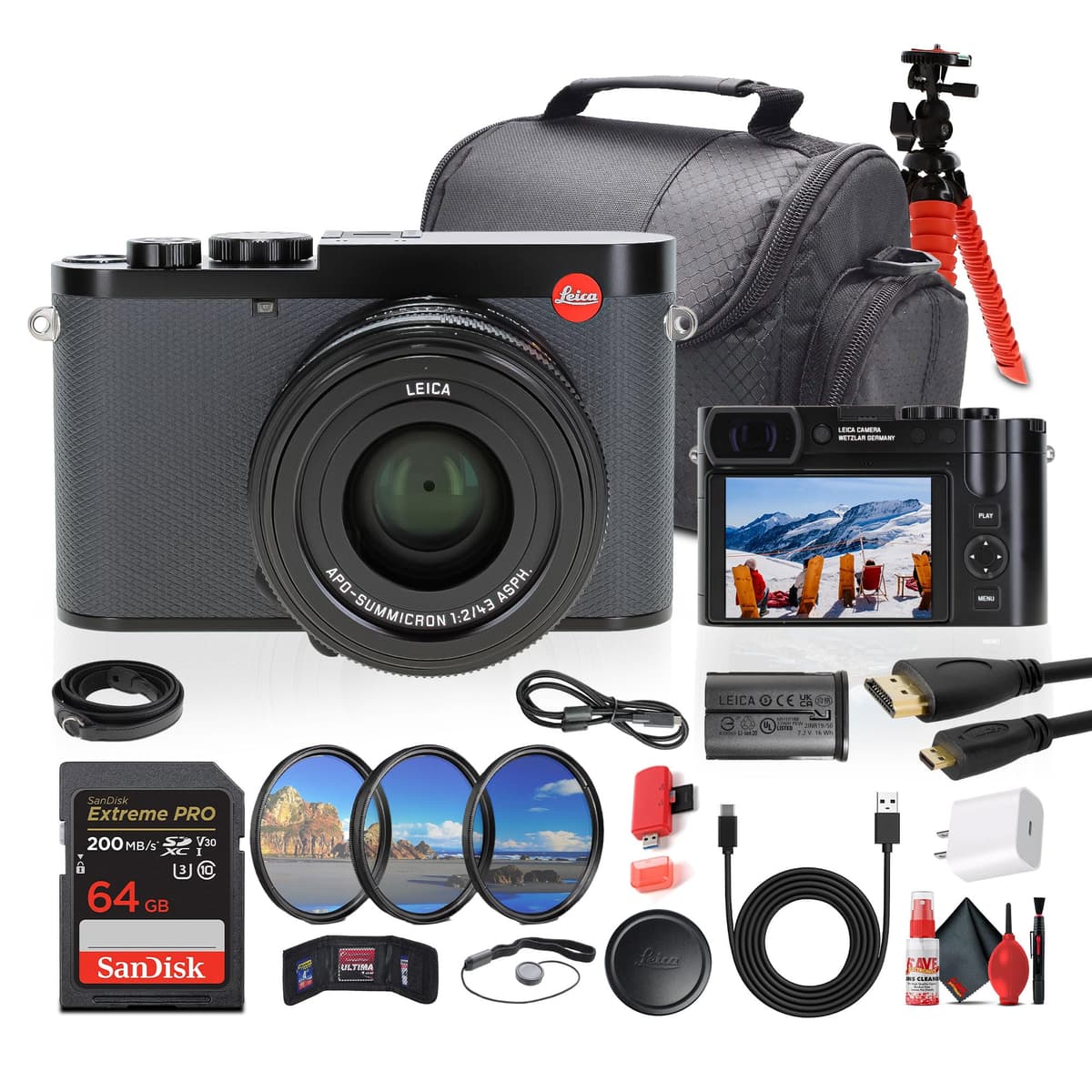 Leica Q3 19080 Cámara Digital Compacta y Potente (19084) + Tarjeta de Memoria 64GB + Bolso + Kit de Filtros + Trípode Flexible + Kit de Limpieza + Cable USB-C + Adaptador USB-C + Cable HDMI/Micro + Más