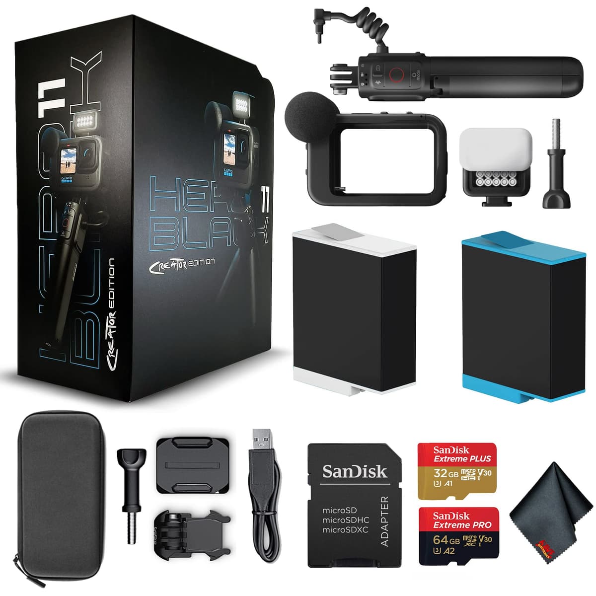 GoPro HERO11 Black Creator Edition CHDFB-111-CN - Cámara de acción impermeable - Volta (batería empuñadura, trípode, control remoto), Media Mod, Light Mod, batería Enduro - Tarjeta 64GB Extreme Pro y batería extra