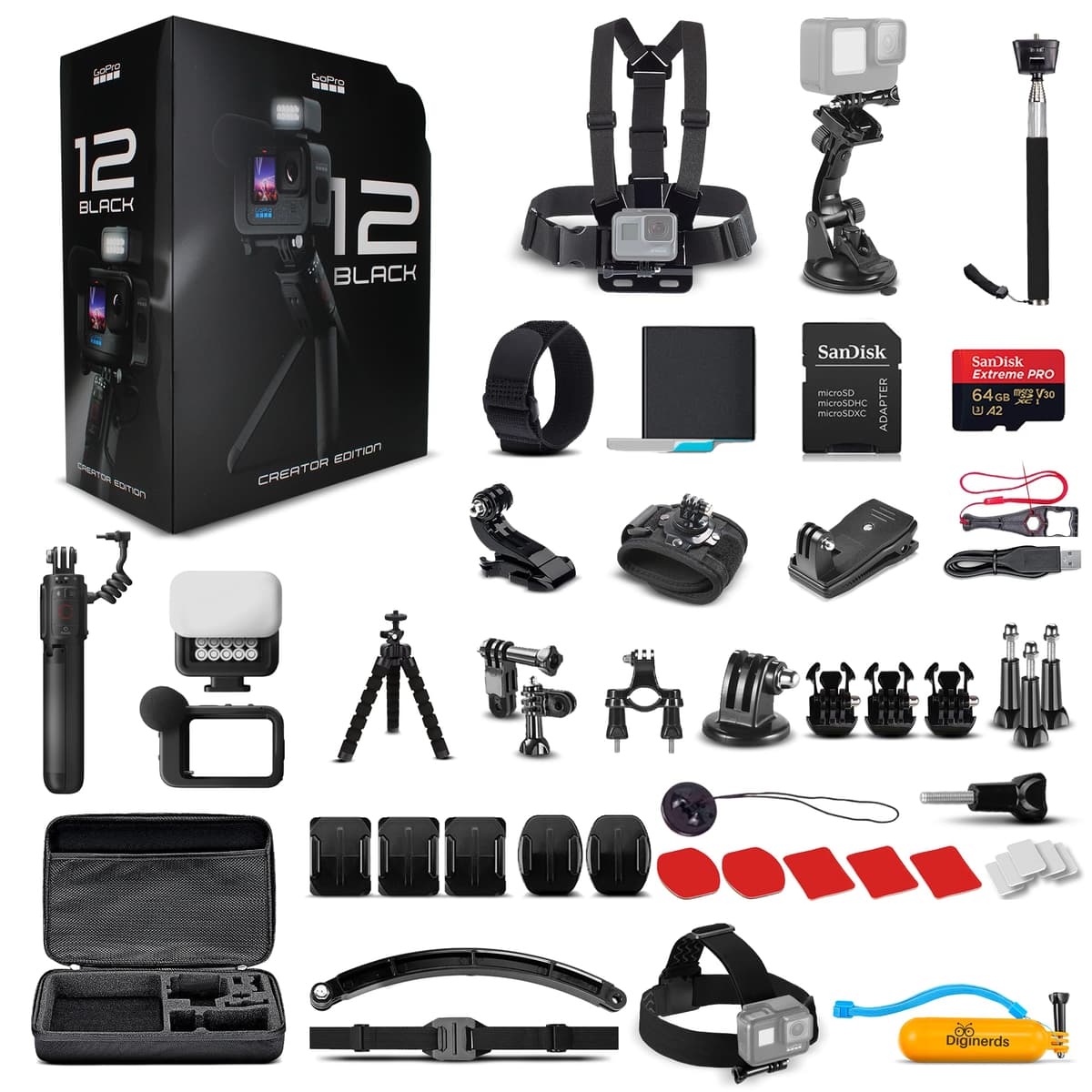 GoPro HERO12 Black Creator Edition CHFFB121 - Cámara de acción resistente al agua 5.3K con Volta (batería empuñadura, trípode, control remoto), Media Mod, Light Mod, batería Enduro - Incluye tarjeta 64GB y kit de accesorios 50 piezas