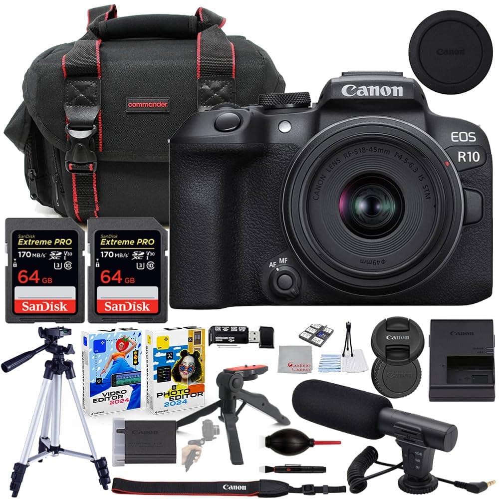 Canon EOS R10 Cámara Mirrorless con Lente 18-45mm, Bundle: Bolso Commander, Micrófono, 2x Tarjetas 64GB Extreme, Kit de Accesorios CC-R101845ADV-1302025