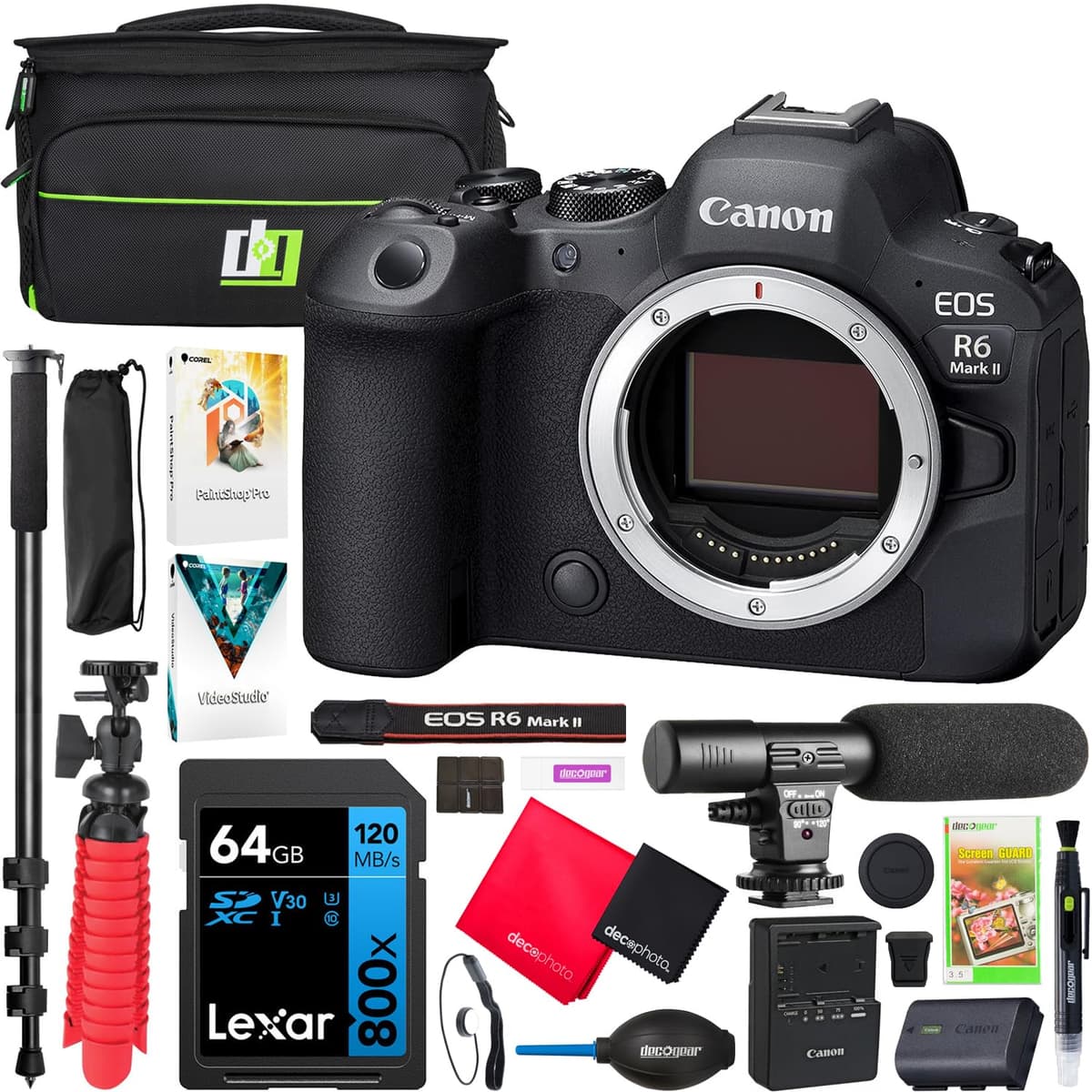 Canon EOS R6 Mark II Cámara Mirrorless Full Frame de Lentes Intercambiables | Modelo Oficial Canon USA | Solo Cuerpo 5666C002 | Bundle con Bolso Deco Gear + Micrófono + Monópodo + Software E4CNEOSR6M2
