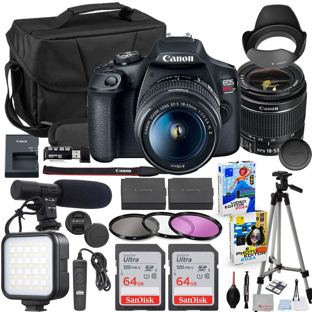 Canon EOS Rebel T7 Cámara DSLR 18-55mm - Kit con Batería Extra Canon, 2x Tarjetas de Memoria 64GB, Micrófono, Luz LED, Control Remoto, Bolsa, Software y Accesorios CC-T71855MIC-1LK-32525