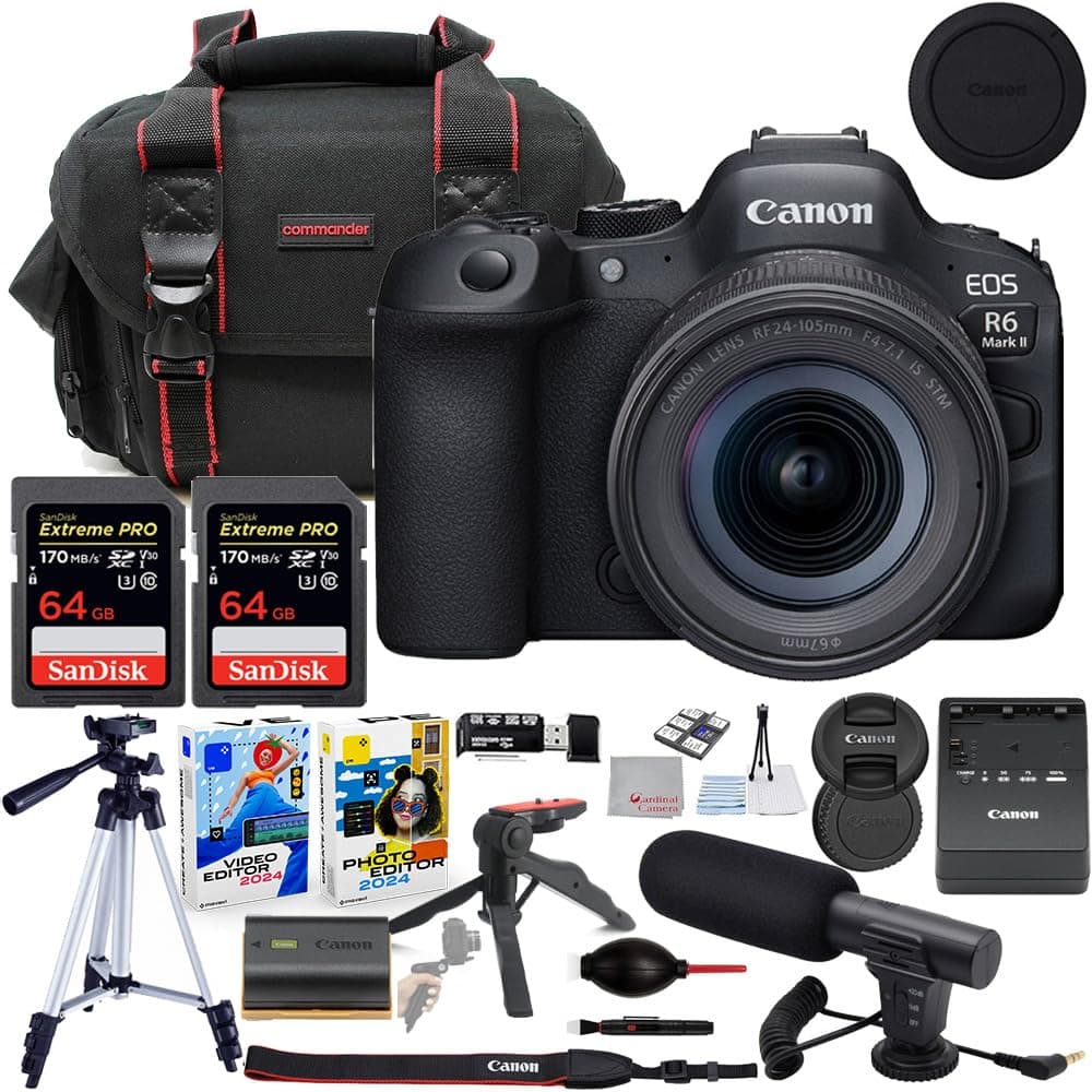 Canon EOS R6 Mark II Cámara Mirrorless con Lente RF 24-105mm STM, Bundle: Bolso Commander, Micrófono, 2x Tarjetas 64GB Extreme y Kit de Accesorios CC-CANR6II24105ADV-03122025