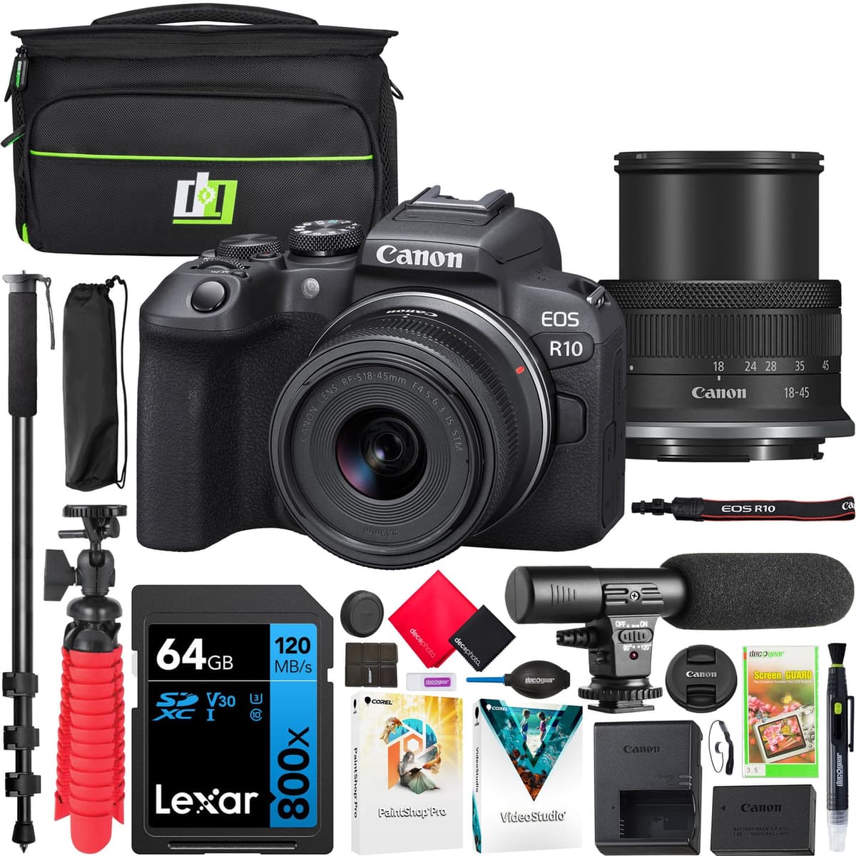 Canon EOS R10 Cámara Mirrorless con Lente RF-S 18-45mm f/4.5-6.3 IS STM, Kit 5331C009 con Bolsa Deco Gear, Micrófono, Monopod, Software y Accesorios E4CNEOSR101845
