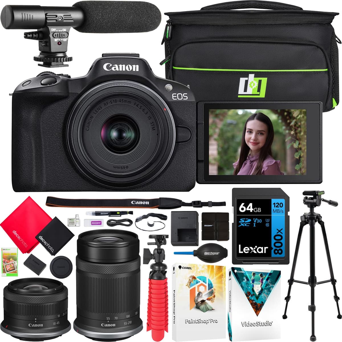 Canon EOS R50 Cámara Mirrorless Kit con 2 Lentes RF-S 18-45mm IS STM y RF-S 55-210mm IS STM, Bundle 5811C022 con Bolsa Deco Gear, Micrófono, Trípode, Software y Accesorios E4CNEOSR50LENX2
