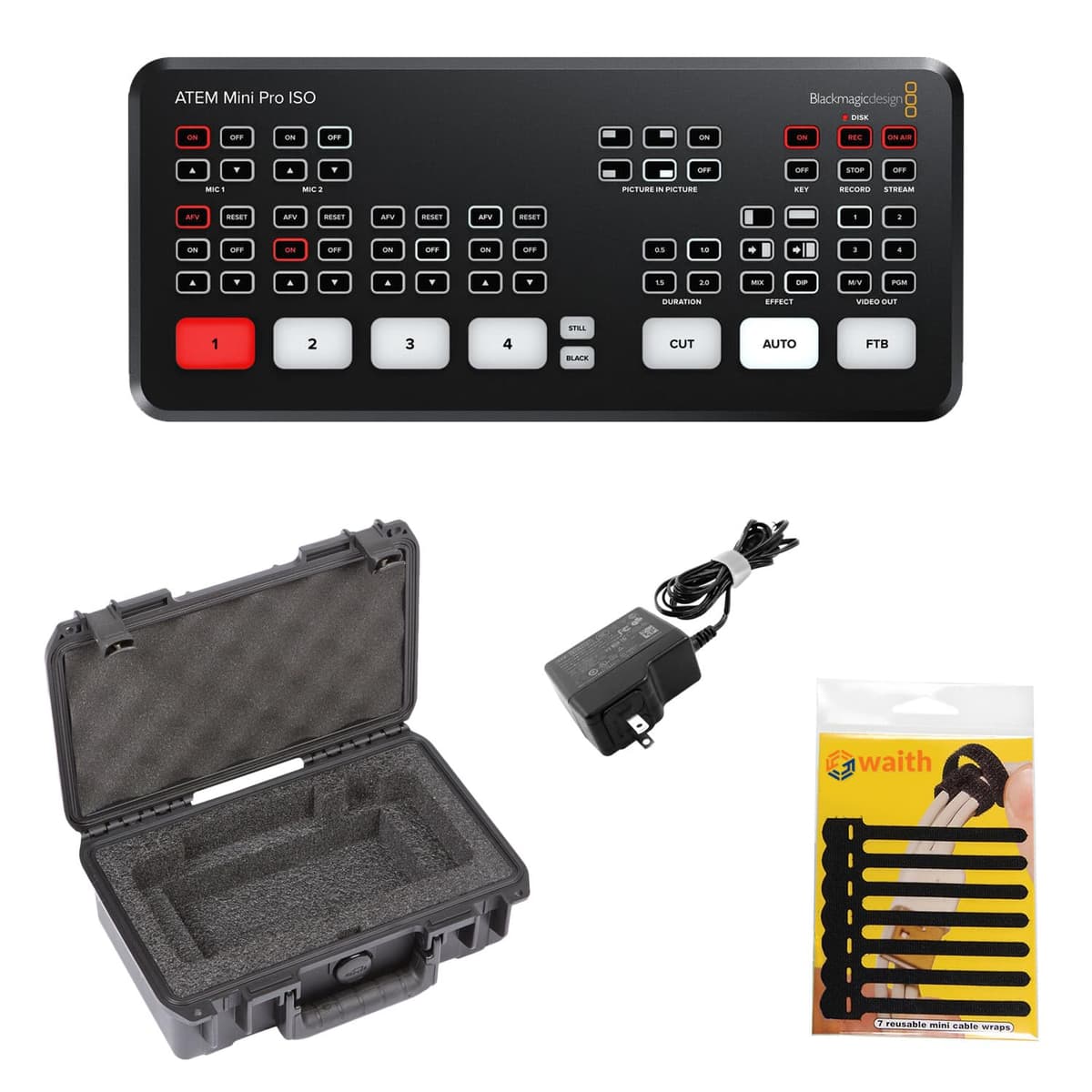 Blackmagic Design ATEM Mini Pro ISO Switcher HDMI para Streaming en Vivo con Estuche Rígido SKB iSeries y Wraps para Cables Waith 3.5" (Pack de 7) (BMABMDSWATEMMINIBPRISO-KIT1) Bundle Set