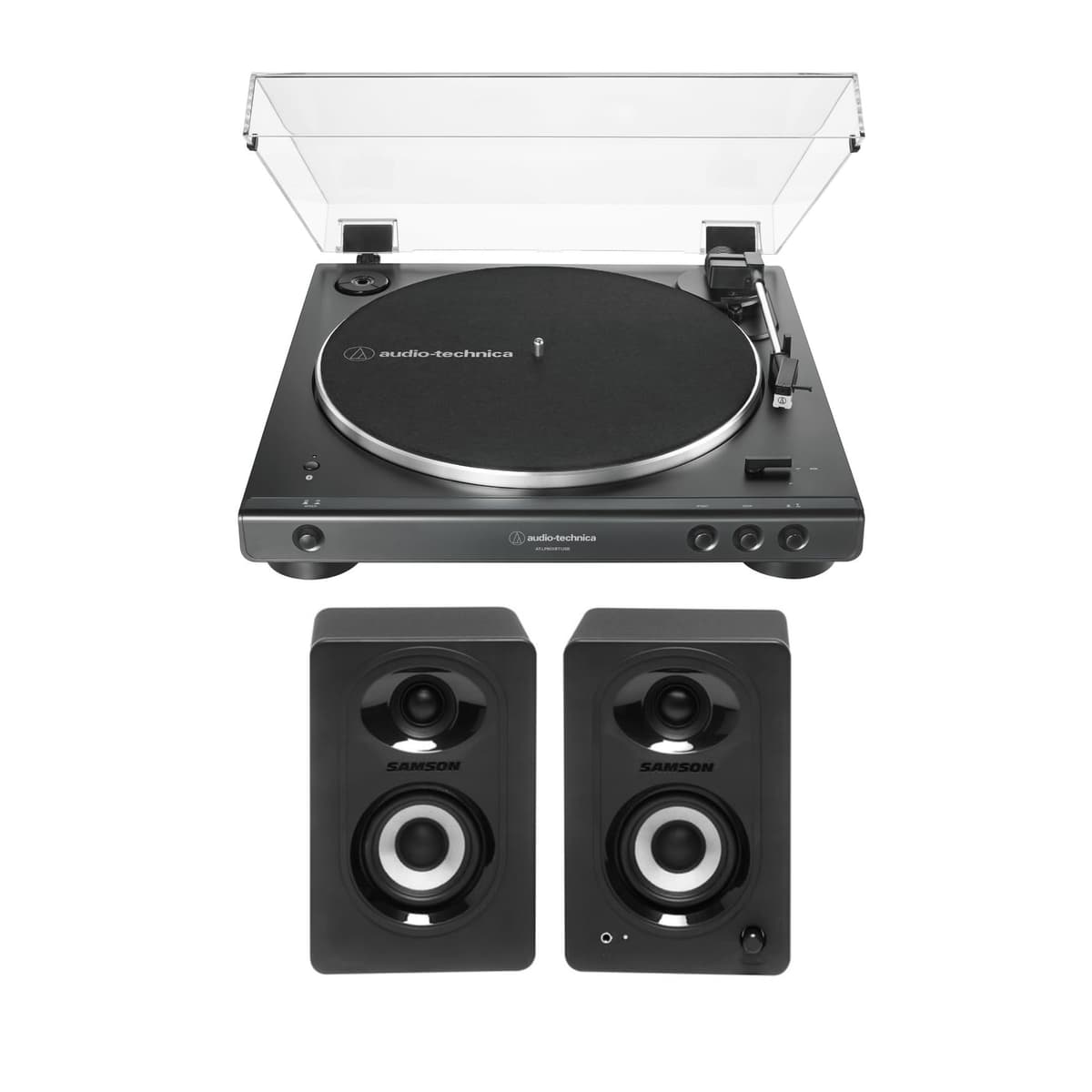 Audio-Technica AT-LP60X-USB Tocadiscos Bluetooth USB Negro + Parlantes Bluetooth Knox Gear LP1 de Estantería, Combo (2 piezas) AT-LP60XBTUSBBK_K1