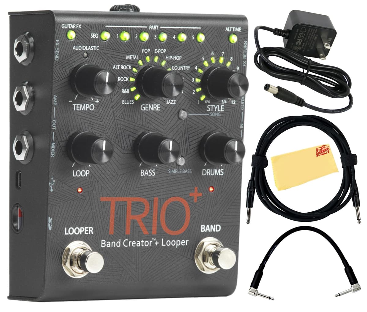 DigiTech Trio+ AUS-TRIOPLUS-COMBO-STD pedal looper y creador de banda bundle con fuente de poder, cable guitarra, patch y paño Austin Bazaar