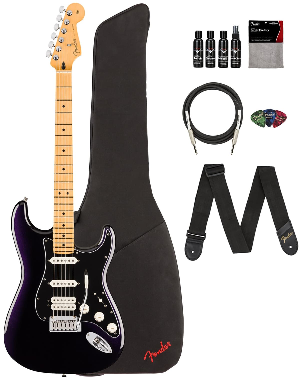 Fender Player II Modified Stratocaster HSS 147432310 guitarra eléctrica Dusk, bundle con funda, correa, cable, 3 púas y kit de limpieza