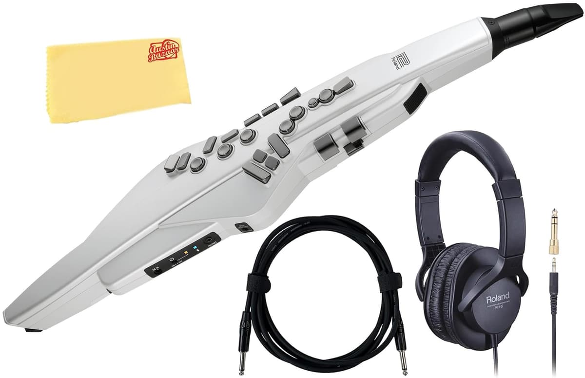 Roland Aerophone AE-20W saxofón digital combo con audífonos, cable de instrumento y paño de pulido Austin Bazaar
