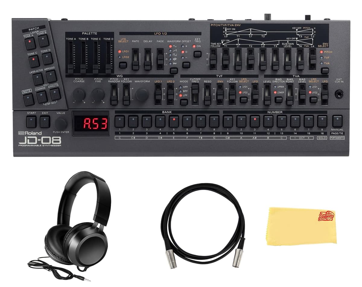 Roland JD-08 módulo de sonido y sintetizador programable paquete con cable MIDI, audífonos y paño Austin Bazaar