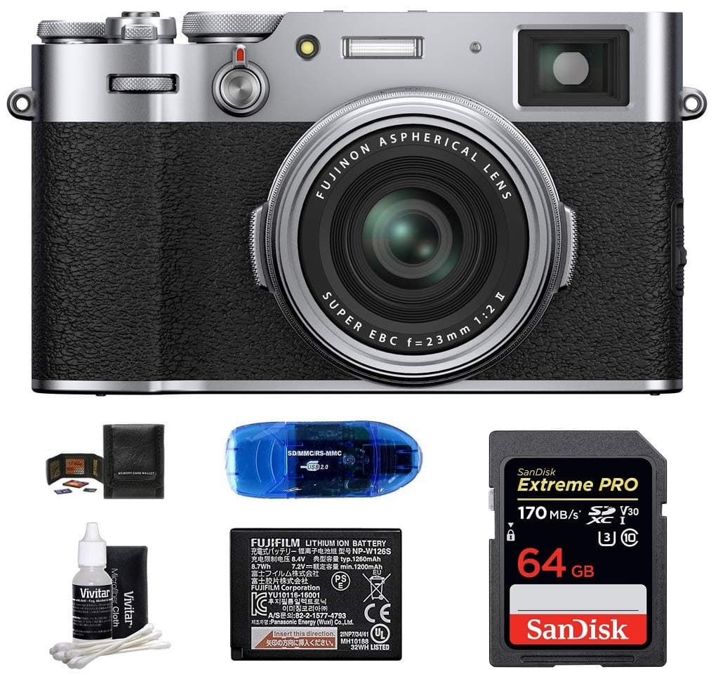 Fujifilm X100V cámara digital plata kit SDXC 64GB SanDisk Extreme PRO + batería extra Fujifilm (6 piezas)