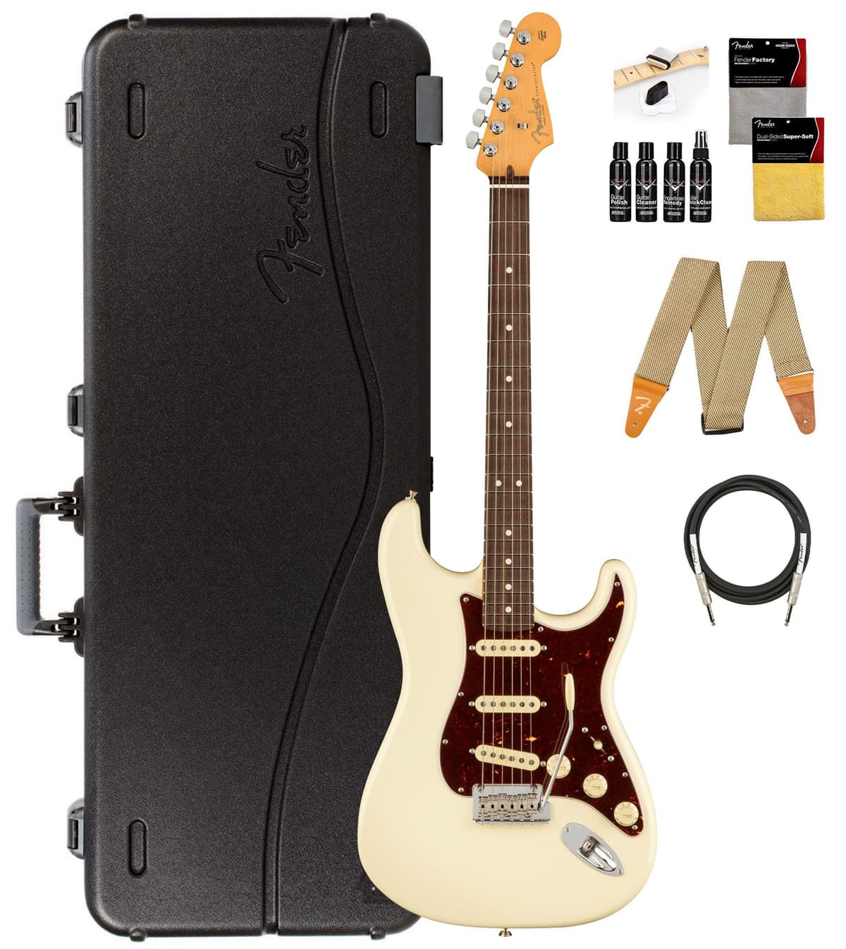 Fender American Professional II Stratocaster Blanco Olímpico Pack con Estuche, Correa, Cable y Kit de Limpieza para Guitarra 113900705