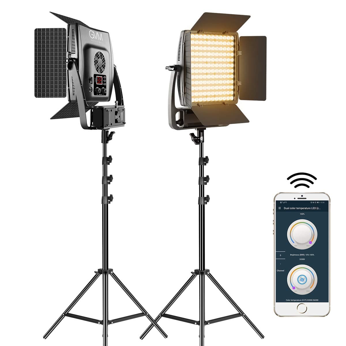 GVM LT-100S GVM-LT-100S-B2L luces LED video con lente óptico y trípodes, 2 packs, control APP, bicolor regulable 100W 3200-5600K CRI 97+ YouTube