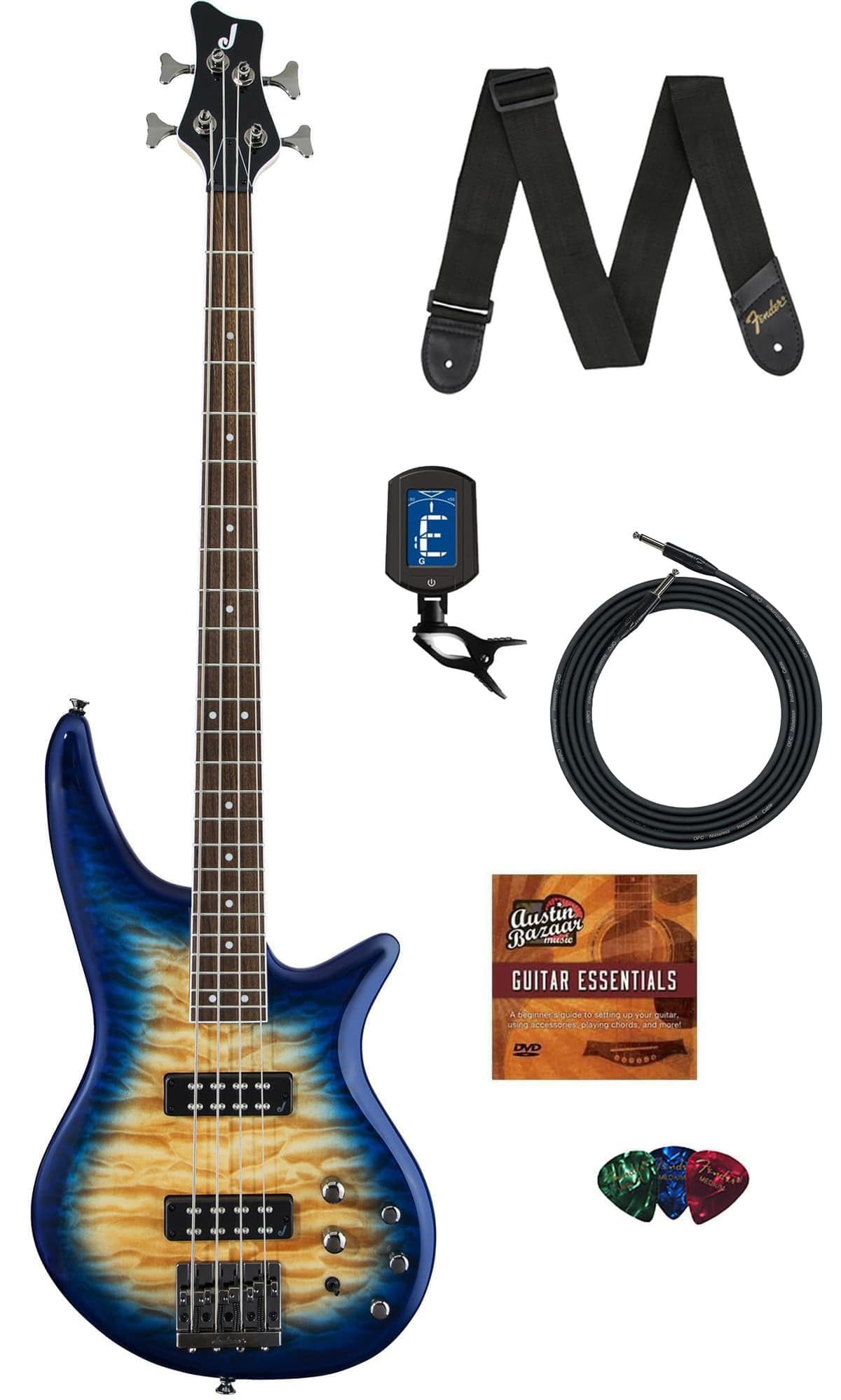 Jackson JS3Q Spectra bajo eléctrico Amber Blue Burst paquete cable afinador correa púas DVD Austin Bazaar AUS-2919007558-COMBO-STD