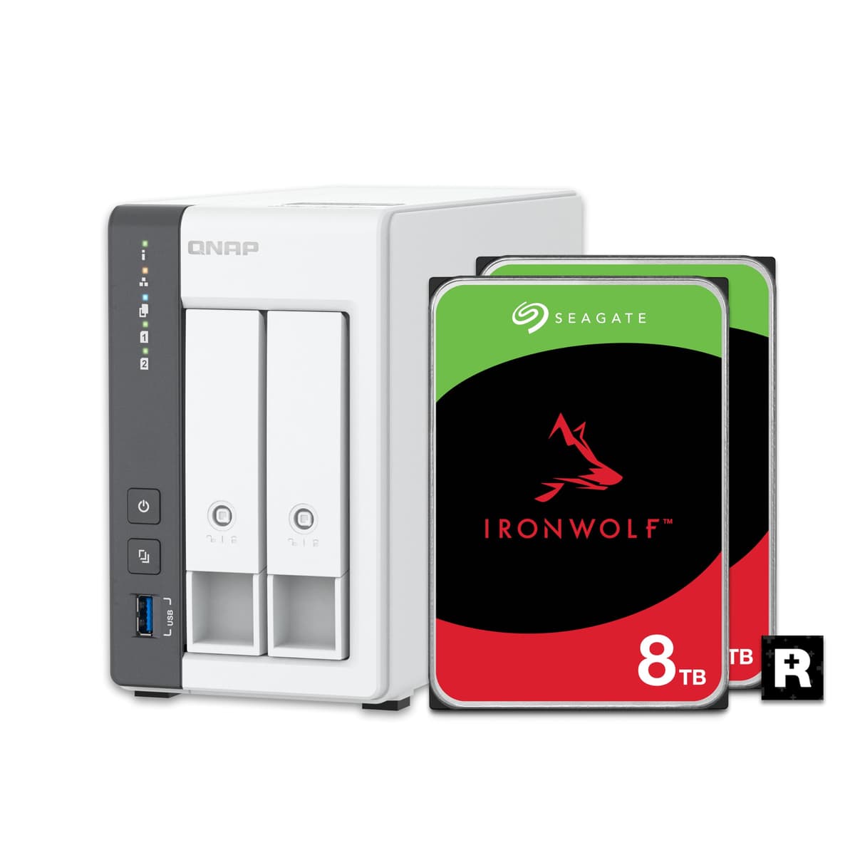 QNAP TS-216G-28ST-US NAS 2 bahías 2.5GbE de escritorio, ARM Cortex-A55 quad-core, 8TB, RAID1 preconfigurado, discos HDD Seagate IronWolf