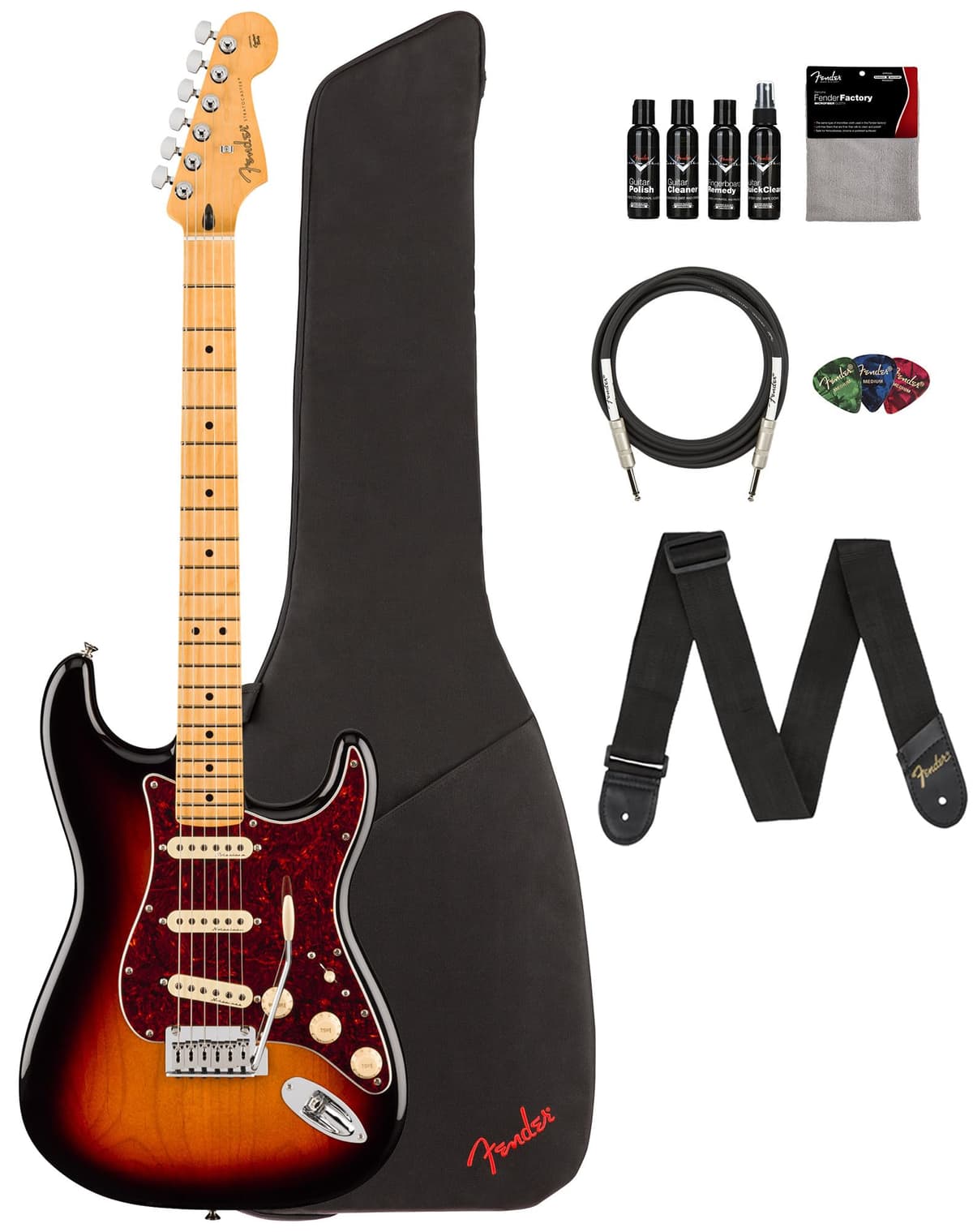 Fender Player II Modified Stratocaster guitarra eléctrica Sunburst 3 tonos con funda, correa, cable, 3 púas y kit de limpieza 147422300