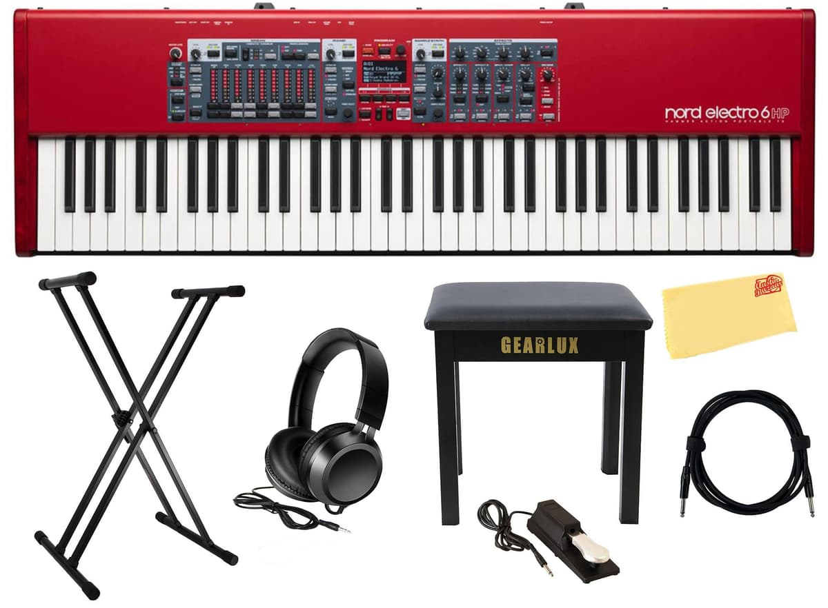 Nord Electro 6 HP 73 piano de escenario kit: pedal sustain, soporte para teclado, banco, audífonos, cable, paño Austin Bazaar AUS-NELECTRO6-HP-COMBO-STD