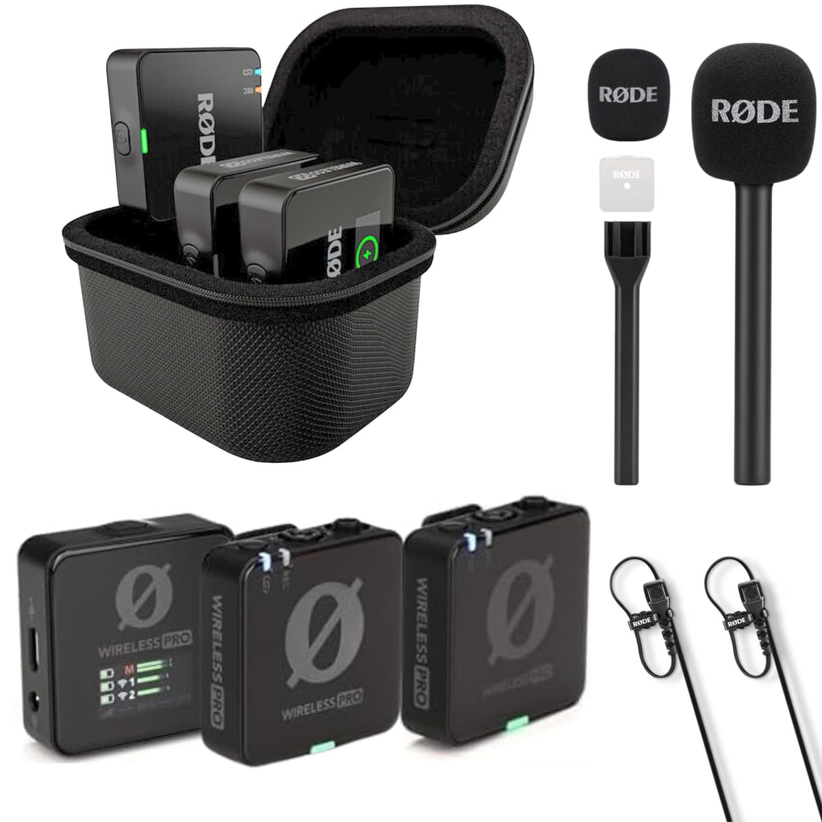 Rode Wireless PRO micrófono inalámbrico compacto con 2 lavaliers, timecode y grabación interna + adaptador Interview GO para Wireless GO