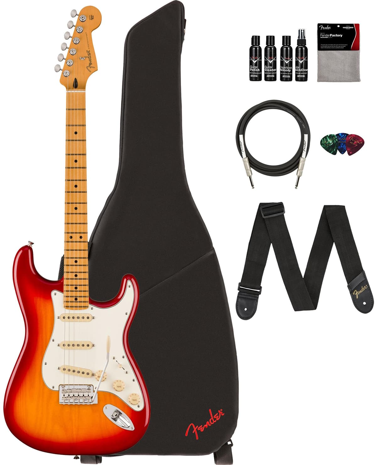 Fender Player II Stratocaster Aged Cherry Burst, paquete con funda, correa, cable, 3 púas y kit de limpieza para guitarra 140512531