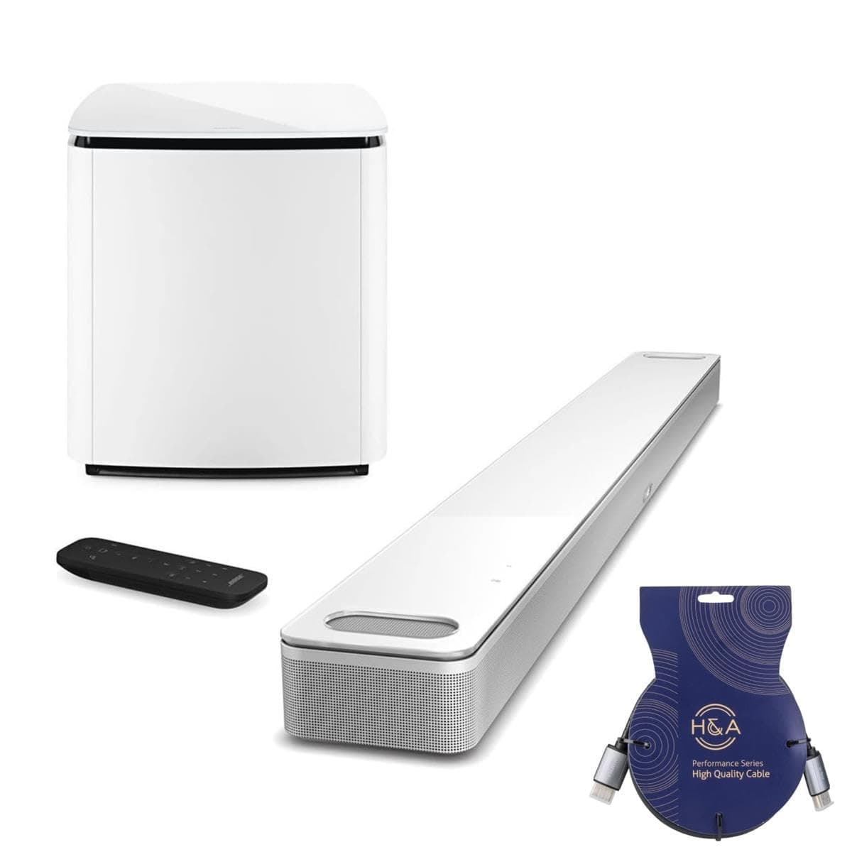 Bose Smart Ultra barra de sonido Dolby Atmos, blanco, con Bass Module 700, Bluetooth Wi-Fi Alexa Google, control por voz + cable HDMI H&A