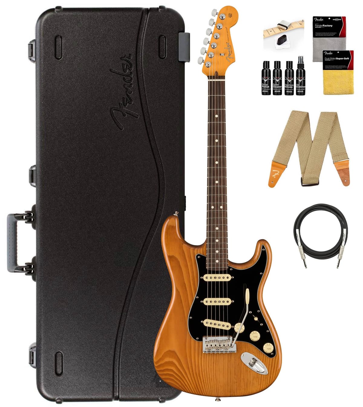 Fender American Professional II Stratocaster guitarra eléctrica pino tostado con estuche, correa, cable y kit de limpieza 113900763