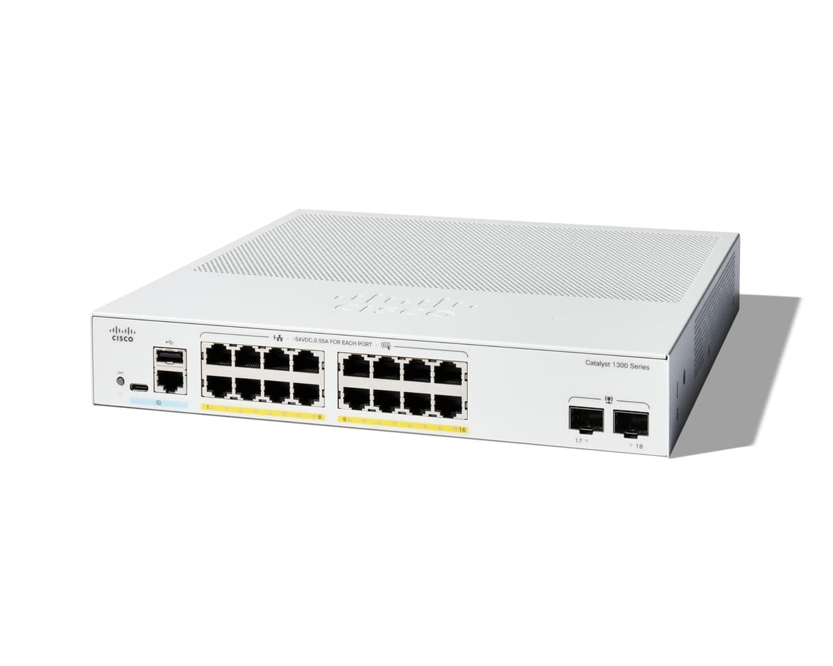 Cisco Catalyst 1300-16P-2G switch gestionado, 16 puertos Gigabit, PoE, 2x SFP 1G, garantía limitada de por vida C1300-16P-2G