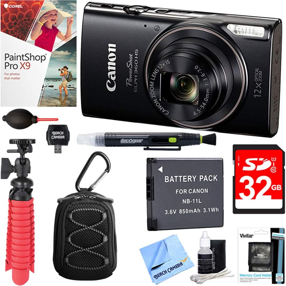 Canon PowerShot ELPH 360 HS Cámara Digital Negro, Paquete de Accesorios Deluxe con Memoria 32GB E12CNPSELPH360HSK