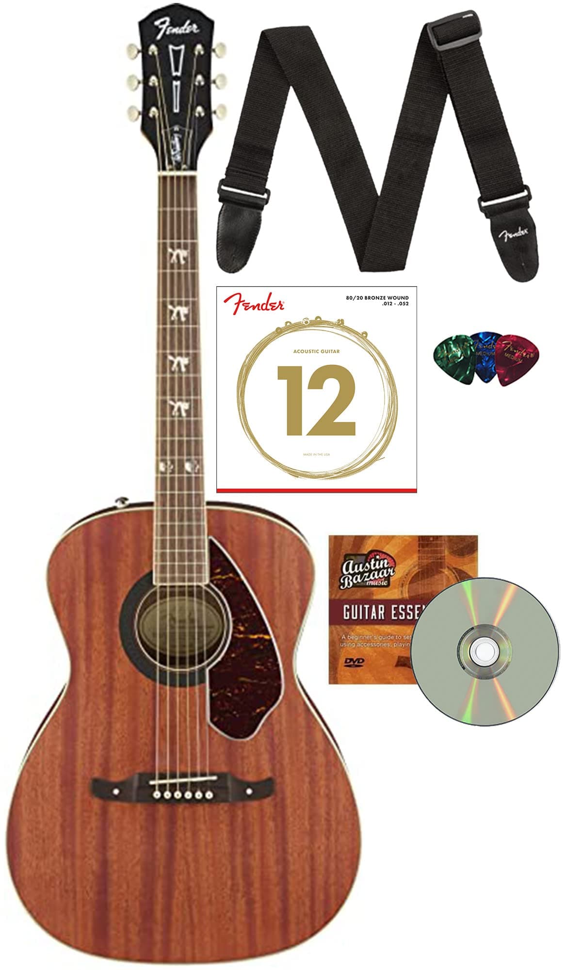 Fender Tim Armstrong Hellcat guitarra electroacústica Concierto Natural, paquete con cuerdas, correa, púas y DVD instructivo Austin Bazaar FEN-0971752022-COMBO-STD