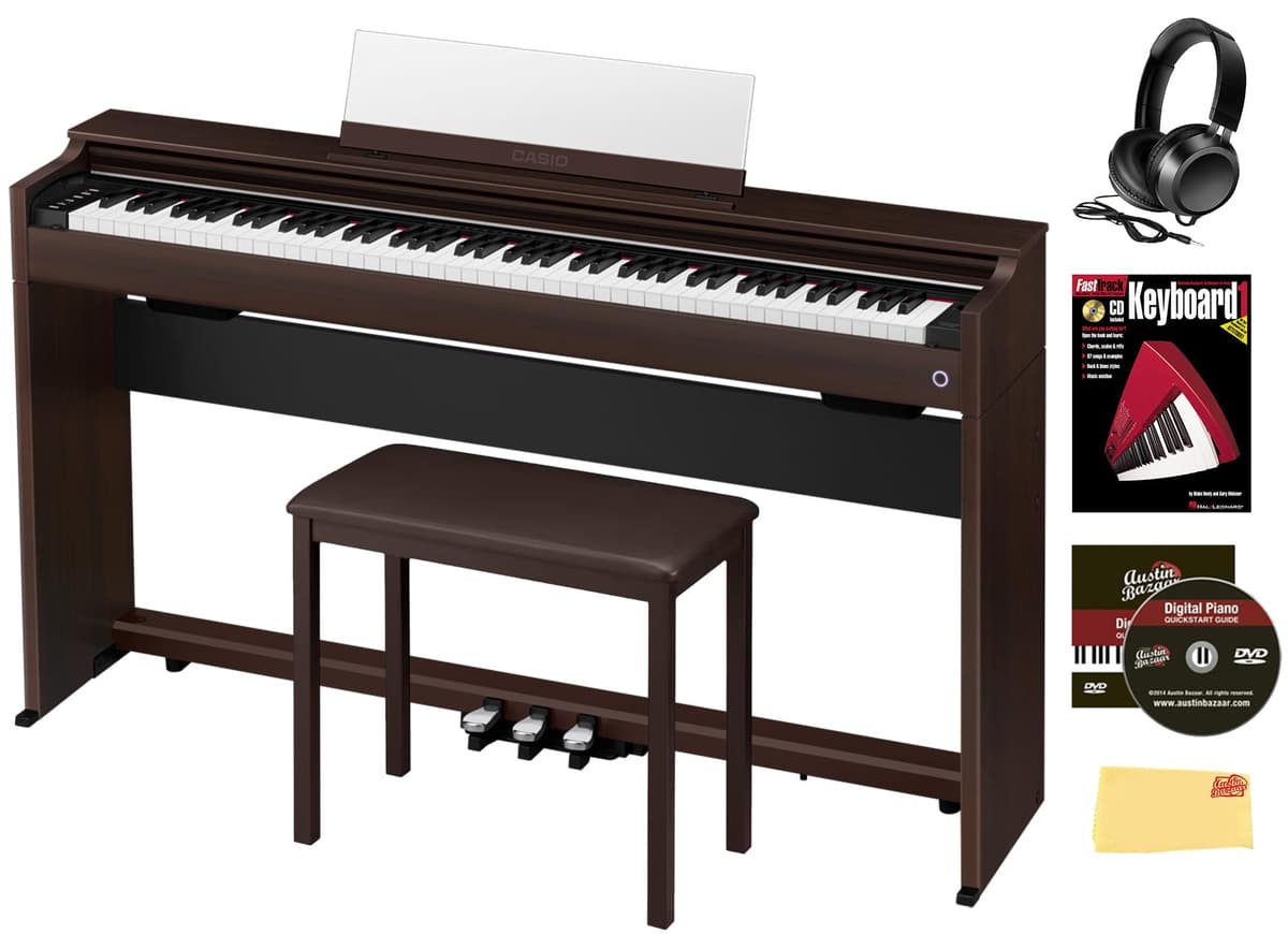 Casio CELVIANO AP-S200BN piano digital 88 teclas marrón, combo con banco, auriculares, libro, DVD Austin Bazaar y paño de limpieza